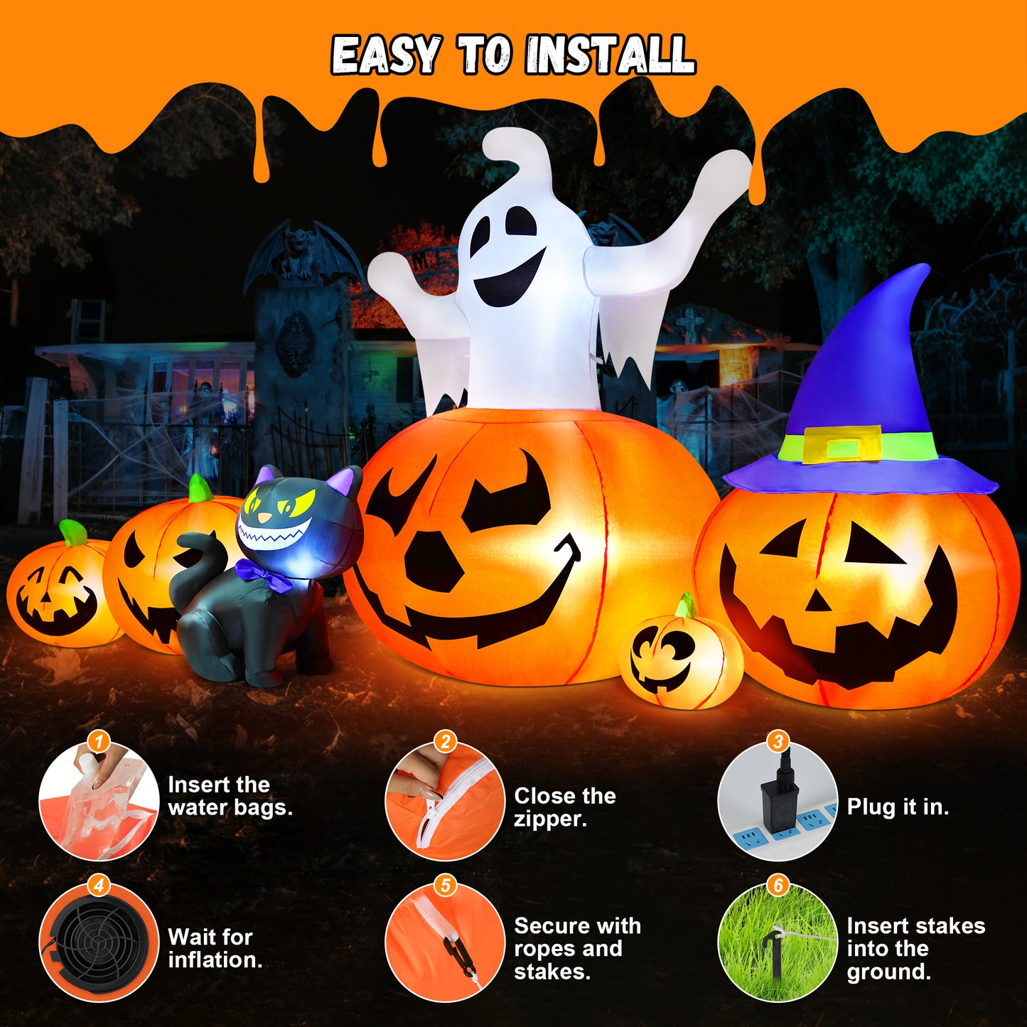 Yexmas 8FT Halloween Inflatable Decoration with Ghost, Black Cat and Pumpkins,Built-in LED Lights, Blow Up Halloween Yard Decor for Indoor/Outdoor Party,Yard, Lawn