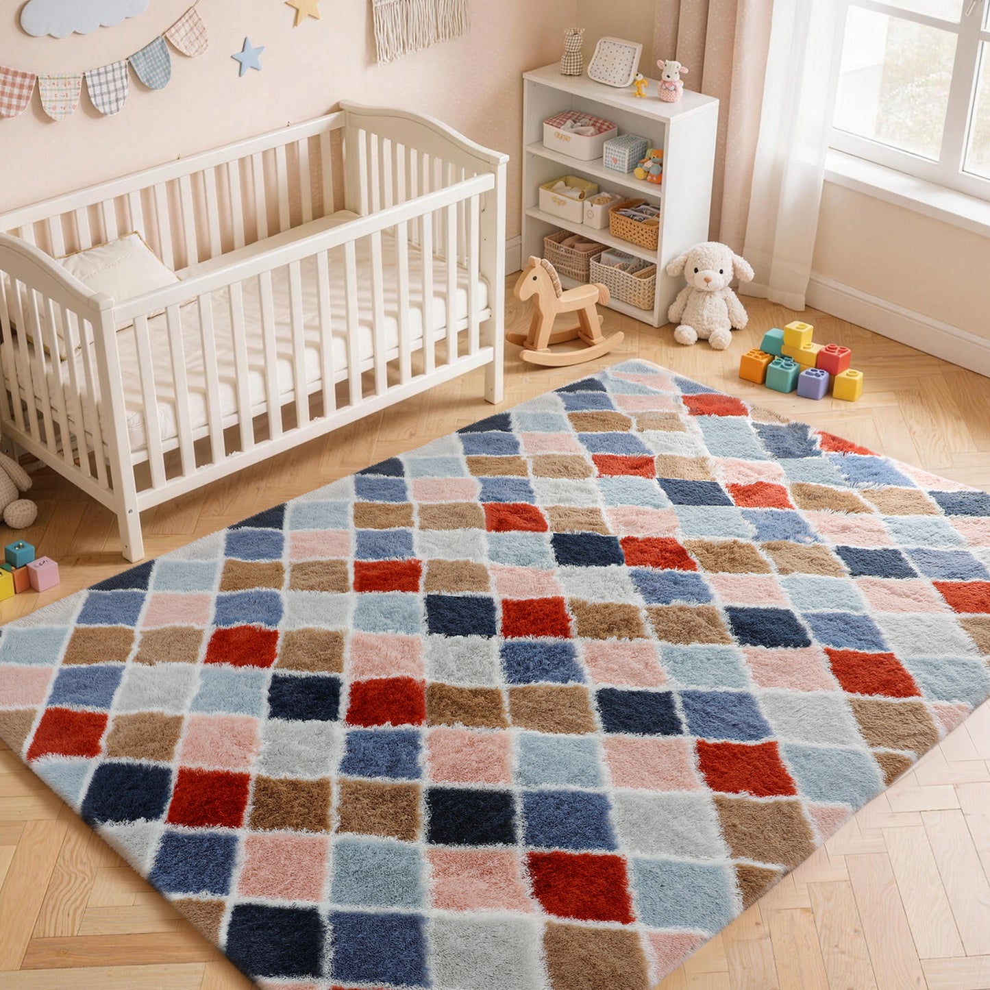 CozyDesg 4ftx6ft Area Rugs,Shag Fluffy Checkered Rugs for Living Room,Bedroom,Modern Room Decor Carpet, Non-Slip Floor Rug,ColorfulA