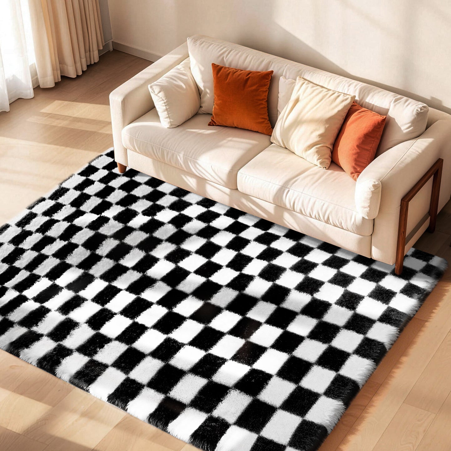 CozyDesg Shag Area Rugs,5'x8'/8' x 10' Soft Fluffy Floor Rugs Checkered Carpet，Washable Area Rugs for Living Room Bedroom Decor,Beige & White