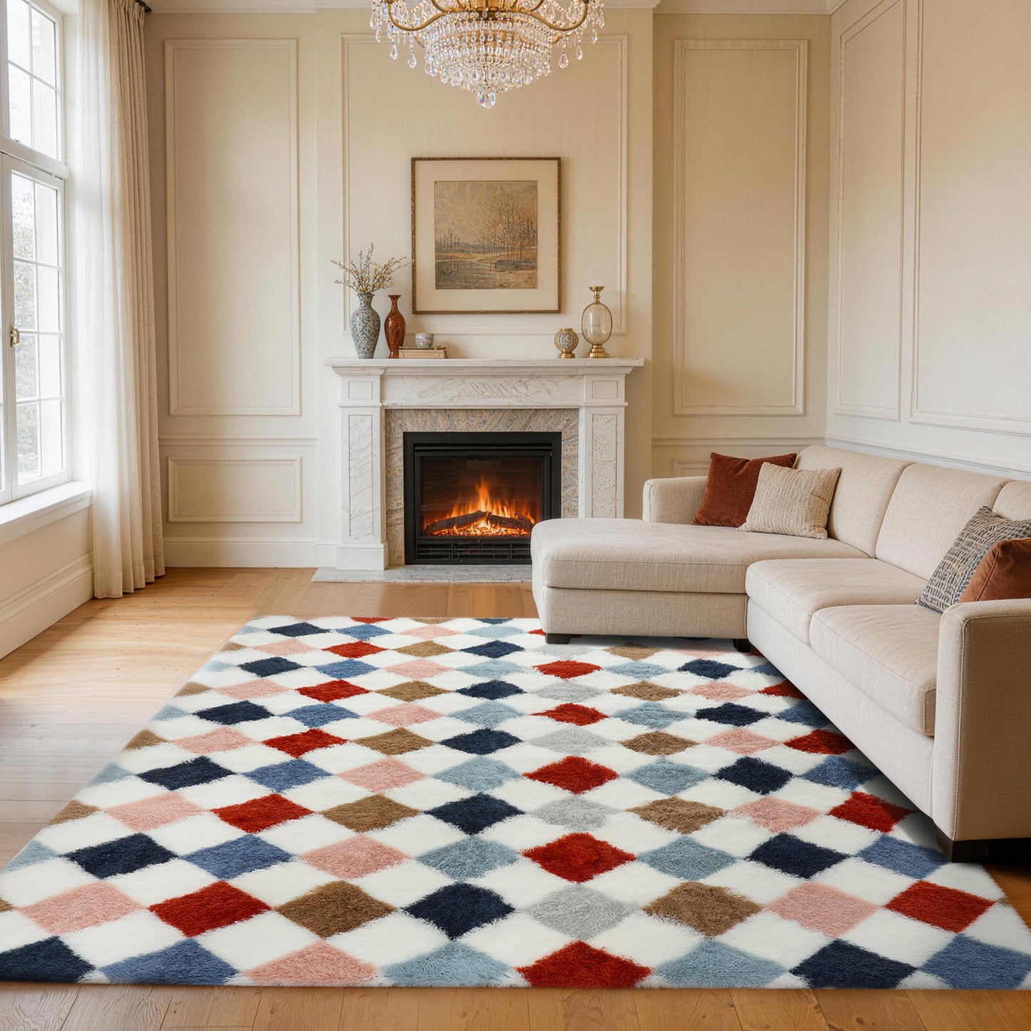 CozyDesg 4ftx6ft Area Rugs,Shag Fluffy Checkered Rugs for Living Room,Bedroom,Modern Room Decor Carpet, Non-Slip Floor Rug,Colorful B