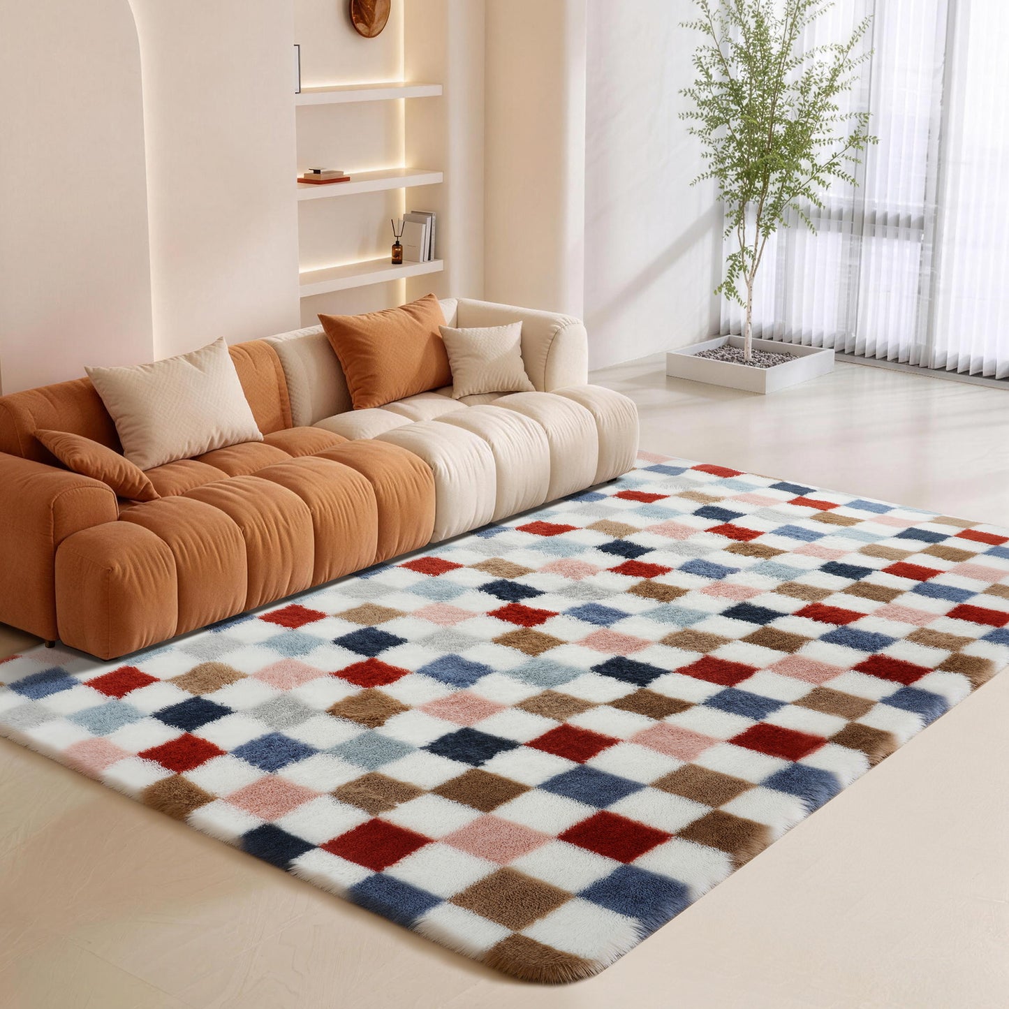 CozyDesg Shag Area Rugs,5'x8'/8' x 10' Soft Fluffy Floor Rugs Checkered Carpet，Washable Area Rugs for Living Room Bedroom Decor,Beige & White