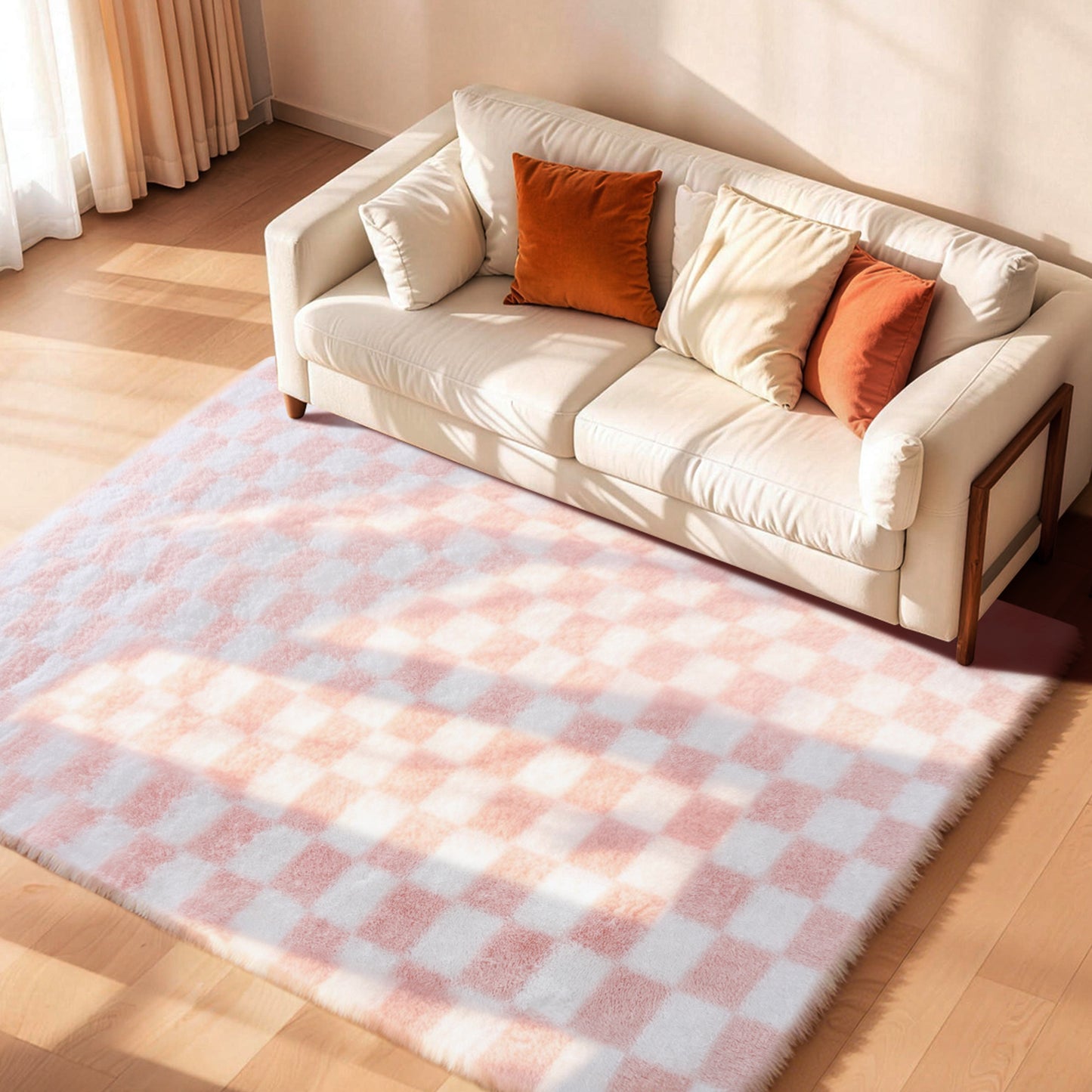 CozyDesg Shag Area Rugs,5'x8'/8' x 10' Soft Fluffy Floor Rugs Checkered Carpet，Washable Area Rugs for Living Room Bedroom Decor,Beige & White