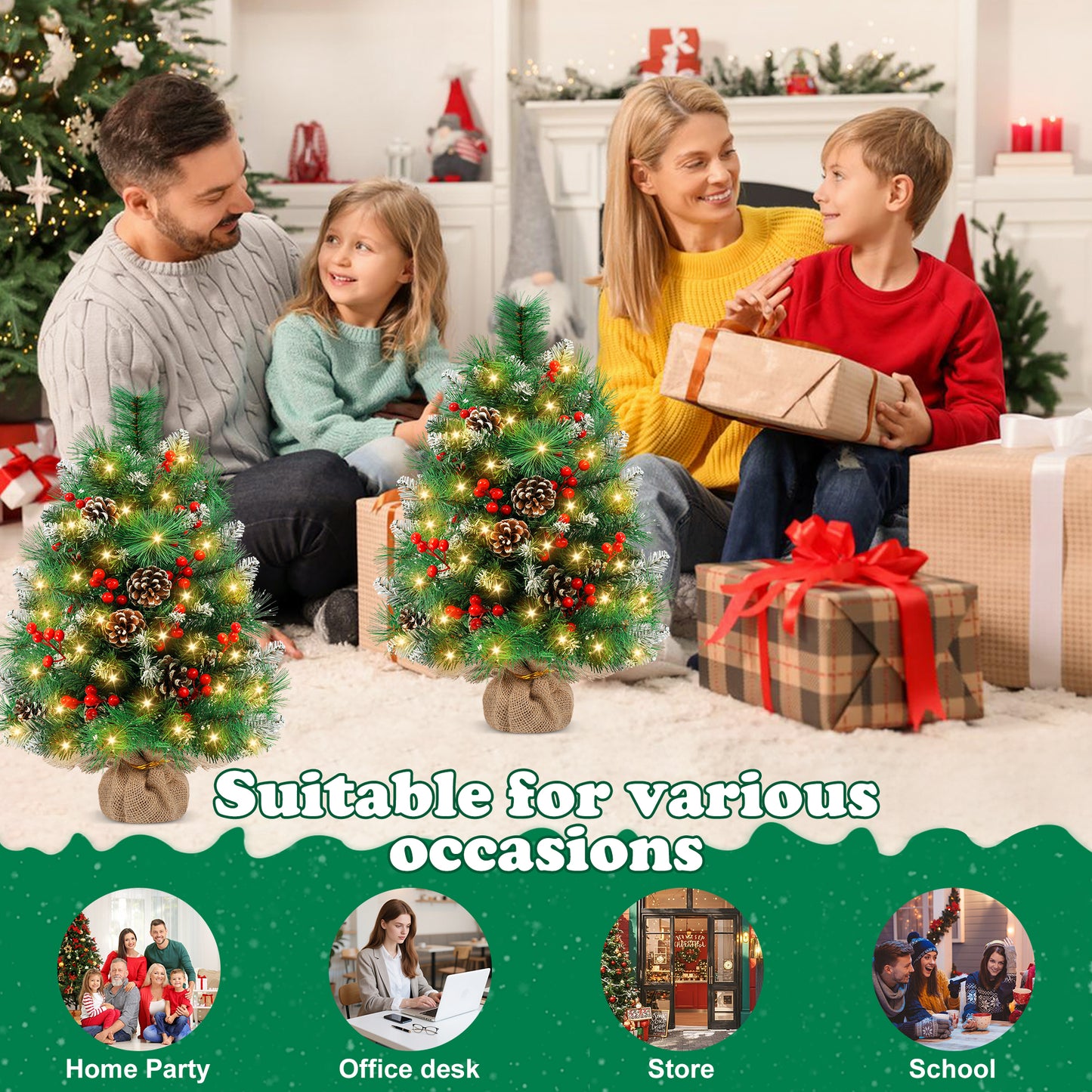 Yexmas 2PCS Pre-lit Artificial Mini Christmas Tree,24 Inch Small Tabletop Xmas Tree for Indoor Outdoor Christmas Decor