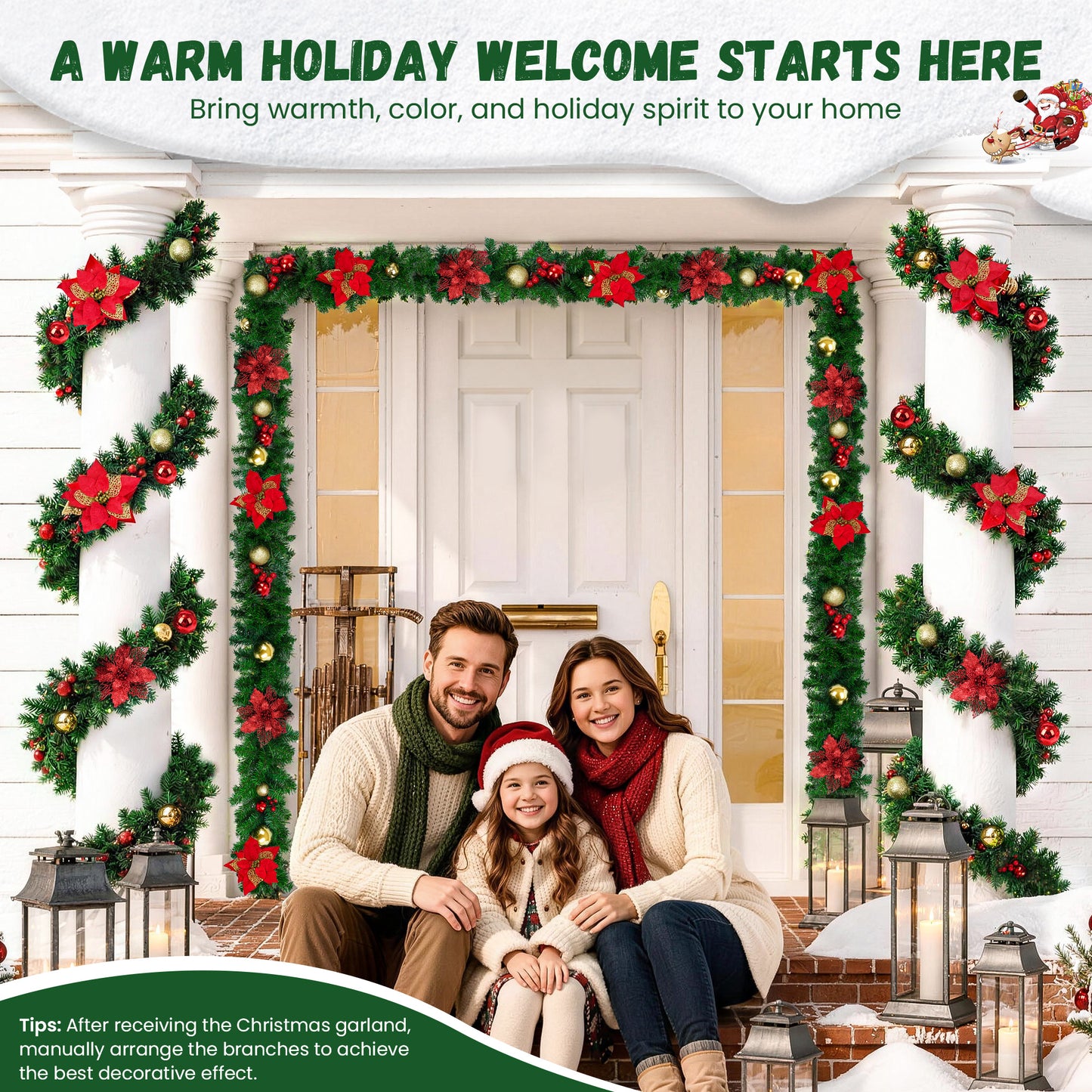 Yexmas 9FT Pre-Lit Christmas Garland with LED Lights,Decorated with Red Poinsettias,Berries and Ball Ornaments,Battery Operated Xmas Garland for Mantel,Stair,Door