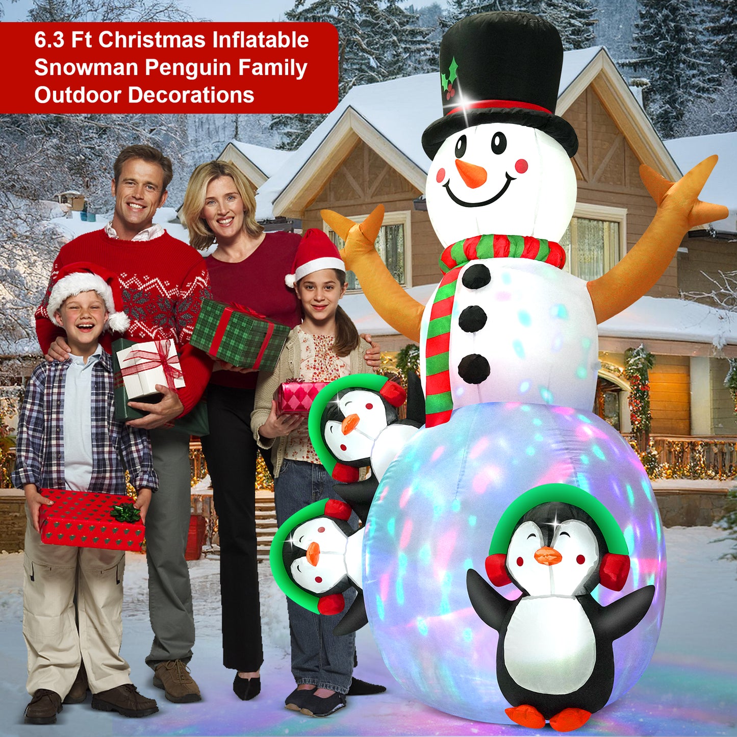 LOOKFLY 6.3  ft Christmas Snowman Inflatable Outdoor Decoration with Build-in Multicolor LEDs, Snowman Penguin Blow up Inflatables for Xmas Party