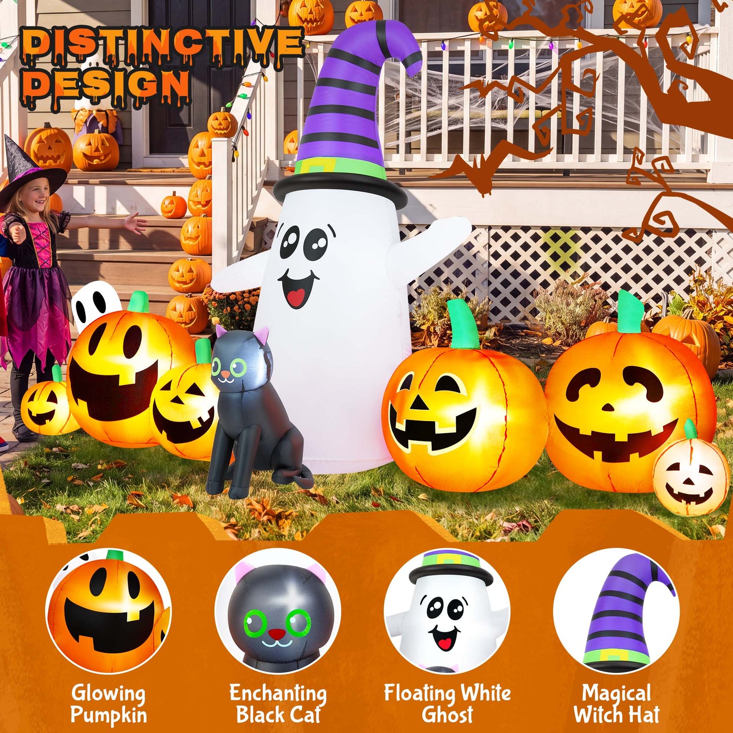 Yexmas 8 FT Long Halloween Inflatable Ghost with Witch Hat, 6 Pumpkins Halloween Blow Ups with Black Cat for Halloween Party Outdoor Yard Garden Lawn Decor