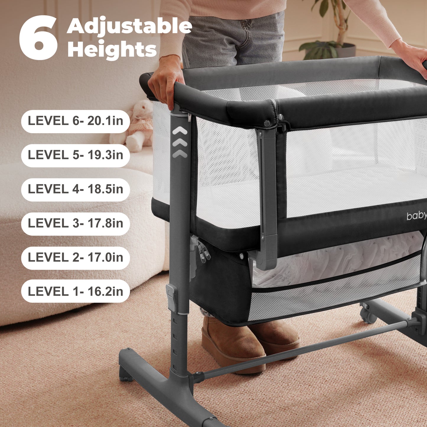 Babyeap 3in1 Baby Bassinet Bedside Sleeper, Rocking Bassinet for Newborn, with Large Storage Basket, Dark Gray