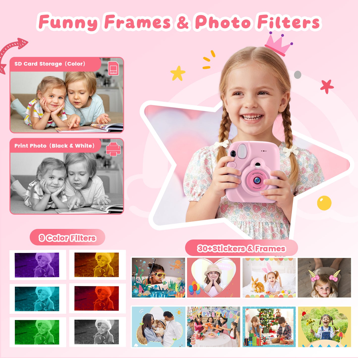 Yexmas Instant Print Toys Camera for Kids, 1080P HD Camera with 32GB SD Card, 3 Paper Rolls, Color Pens & Lanyard, Pink