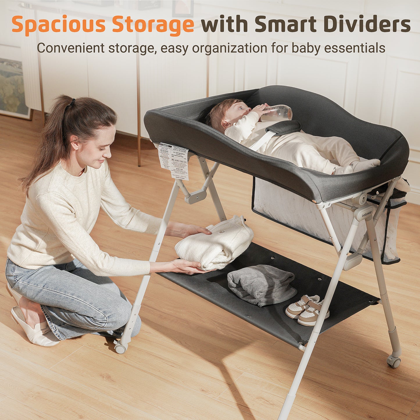 Babyeap Baby Changing Table with Wheels, Portable Foldable Diaper Changing Station with Adjustable Height & Waterproof Pad, Nursery Organizer Storage for Newborn & Infant
