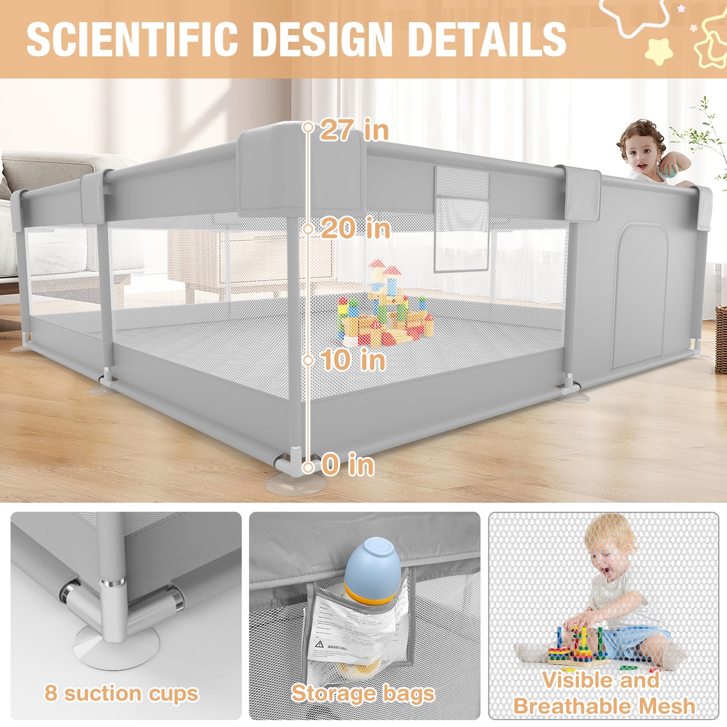Babyeap Baby Playpen With Mat,50"x50"Play Pen for Babies and Toddlers,Play Yard With Gate for Indoor Outdoor,Light Gray
