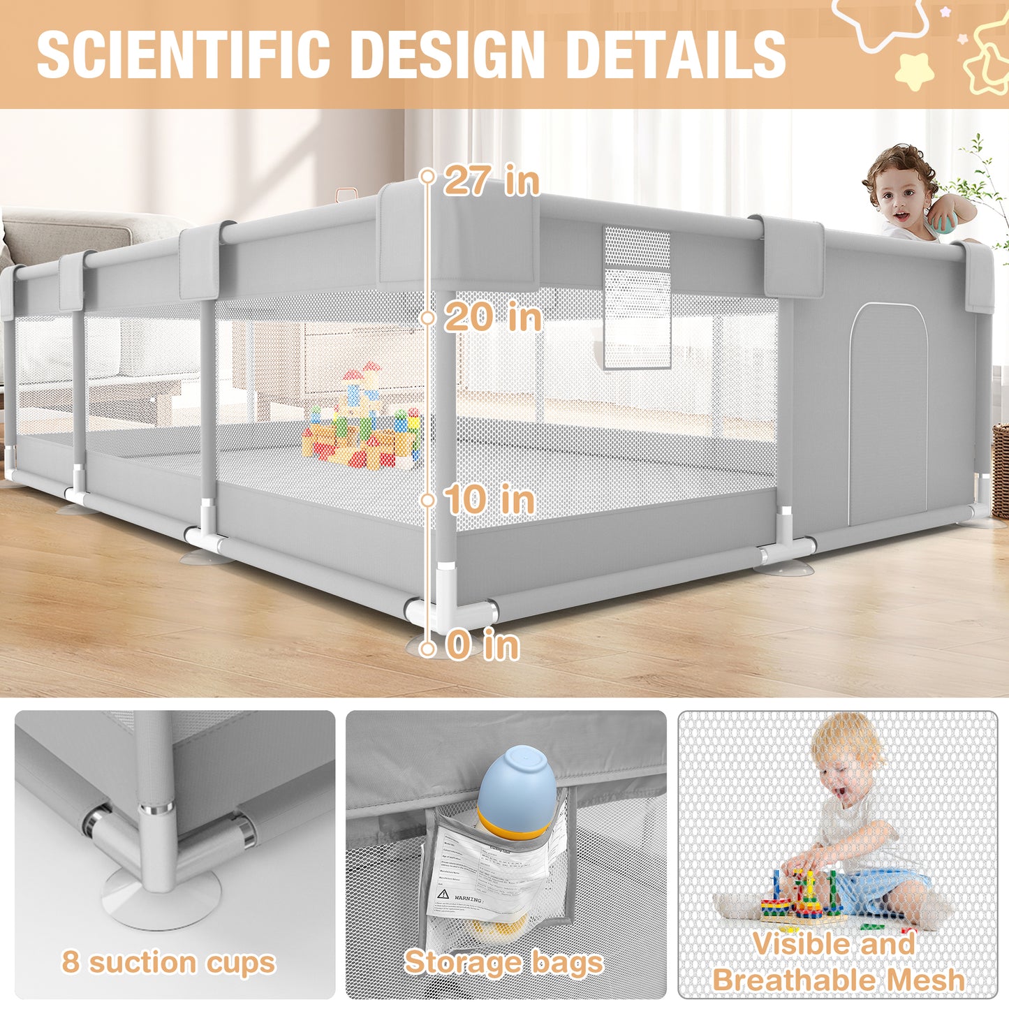 Babyeap Large Baby Playpen with Mat,71"x50"Playpen for Babies and Toddlers,Baby Play Yard Baby Fence Play Area Indoor Outdoor,LightGray