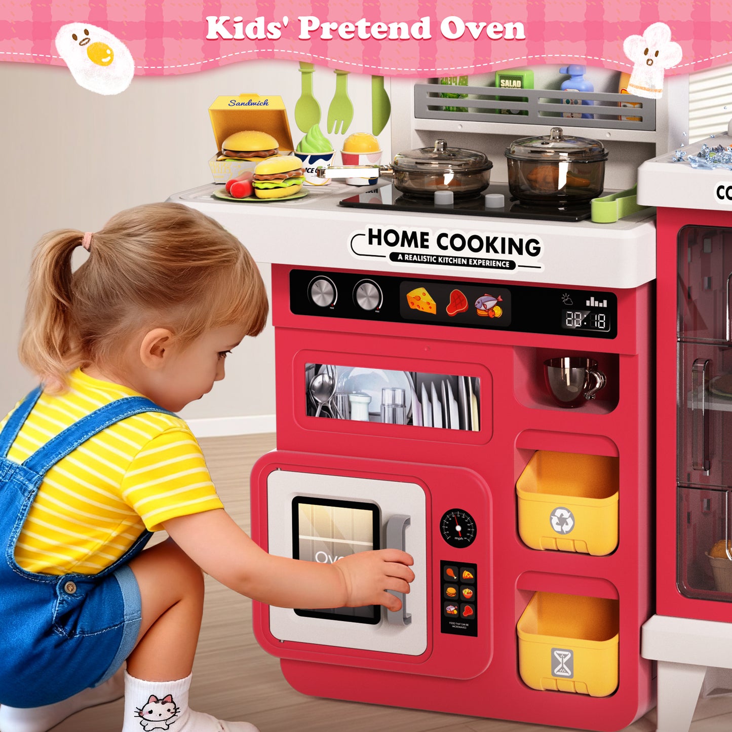 Lookfly Play Kitchens,68PCS Kids Kitchen Playset with Realistic Lights&Sounds,Toddler Kitchen Toy Gift for Boys and Grlis,Pink 32.3"H