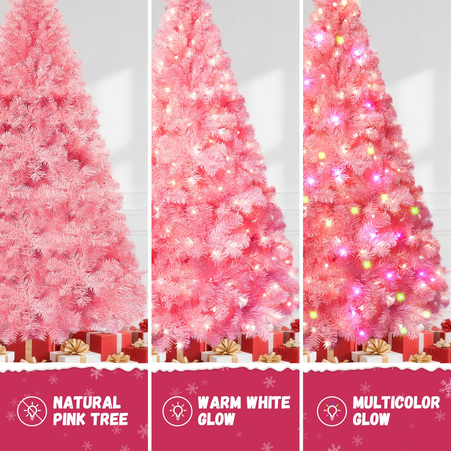 Yexmas 7.5ft Pre-Lit Pink Christmas Tree,Artificial Christmas Tree with 1600 PVC Branches,450 Multicolor Lights,Metal Hinges,Xmas Tree for Home,Holiday Party Decorations