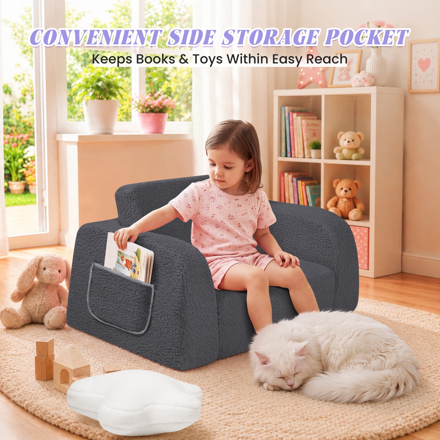 babyeap 2-in-1 Wide Base Kids Sofa,Fold Out Toddler Couch with Star Pillow,Soft Kids Chair for Reading, Playroom, Bedroom & Nursery,Deep Gray