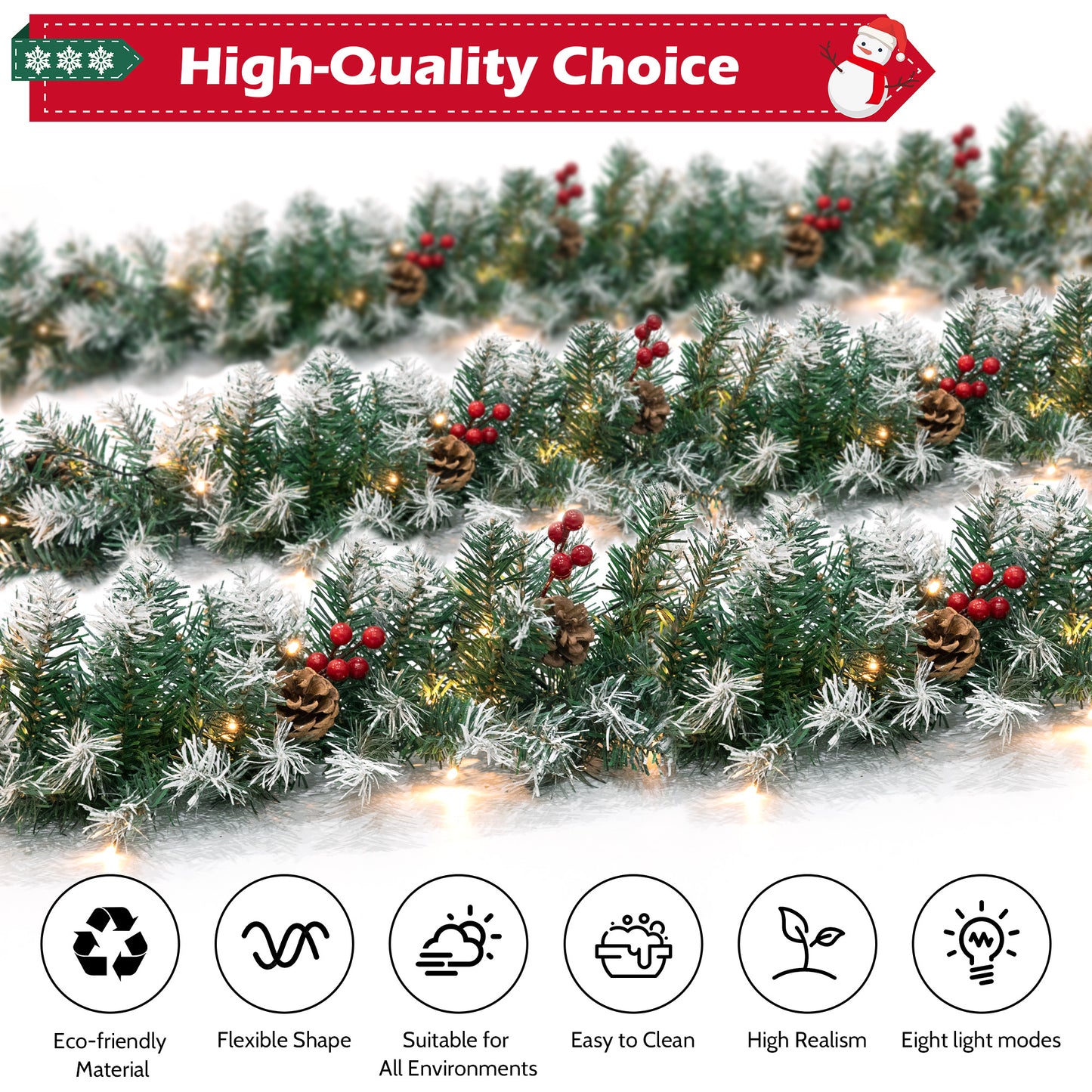 Yexmas 9ft Large Christmas Garland, Multi-Purpose Xmas Wreath with 60 LED Lights, Decorated with Pinecones, Berry Clusters, Battery Operated