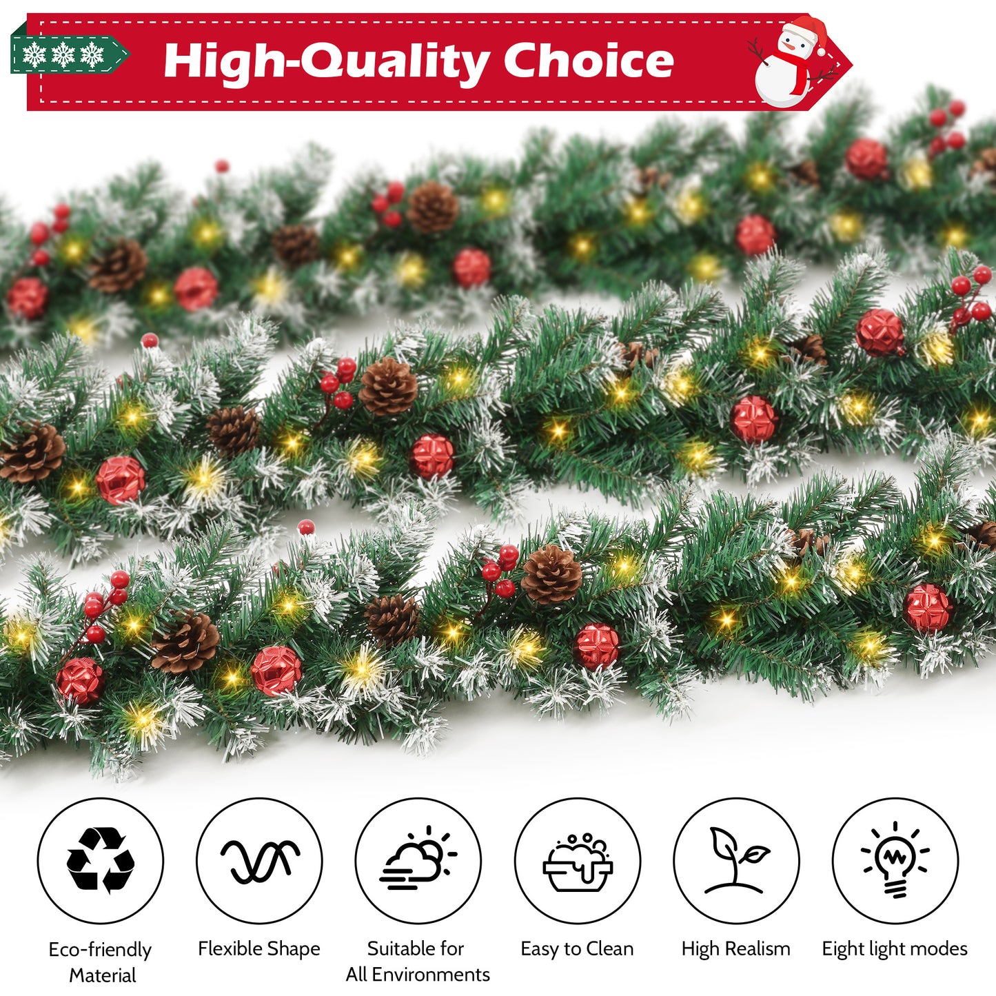 Yexmas 9ft Large Christmas Garland, Multi-Purpose Xmas Wreath with 45 LED Lights, Decorated with Pinecones, Berry Clusters, Battery Operated