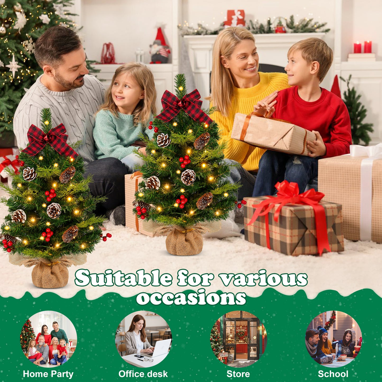 Yexmas 2PCS Pre-lit Artificial Mini Christmas Tree,24 Inch Small Tabletop Xmas Tree for Indoor Outdoor Christmas Decor