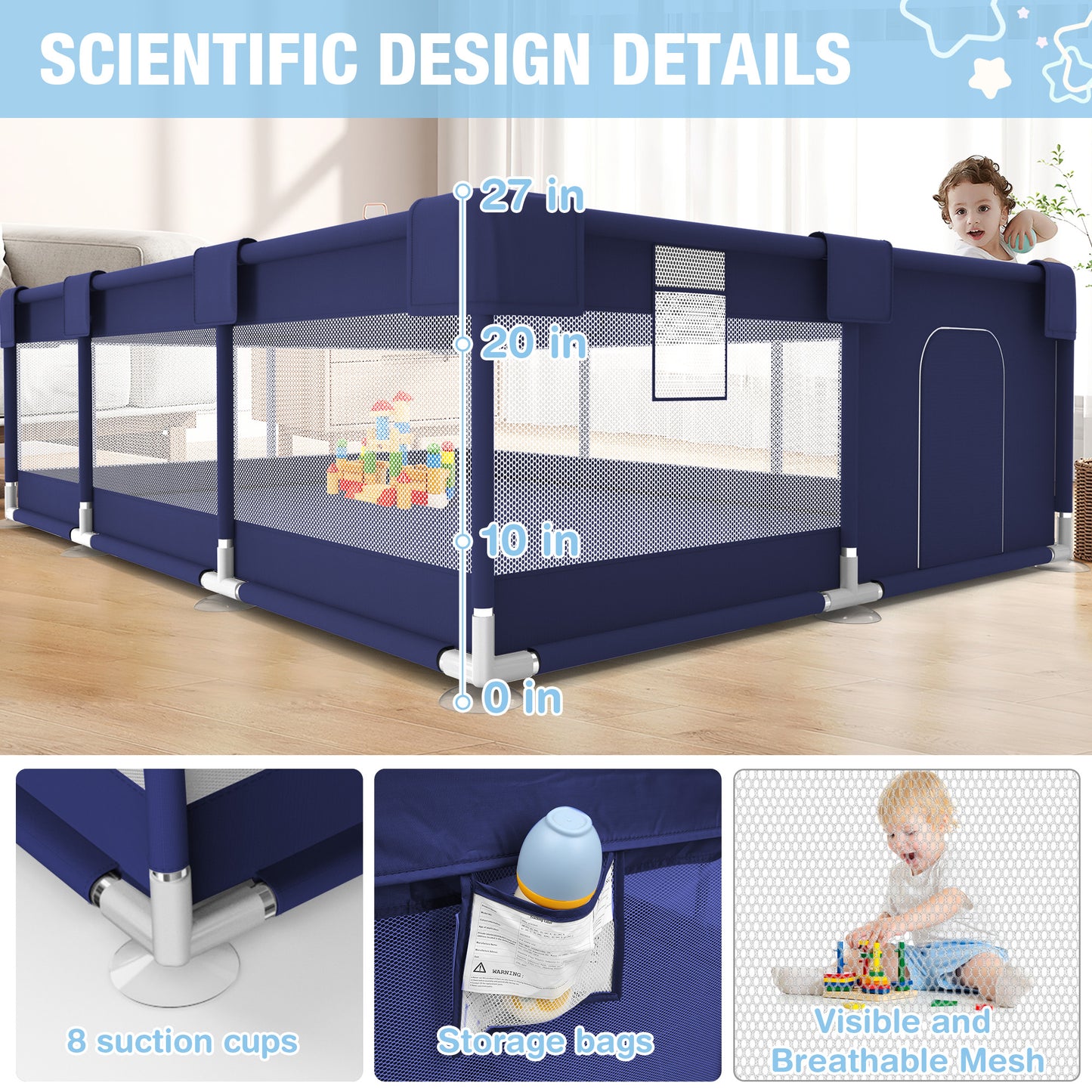 Babyeap Large Baby Playpen with Mat,71"x50"Playpen for Babies and Toddlers,Baby Play Yard Baby Fence Play Area Indoor Outdoor,Navy Blue