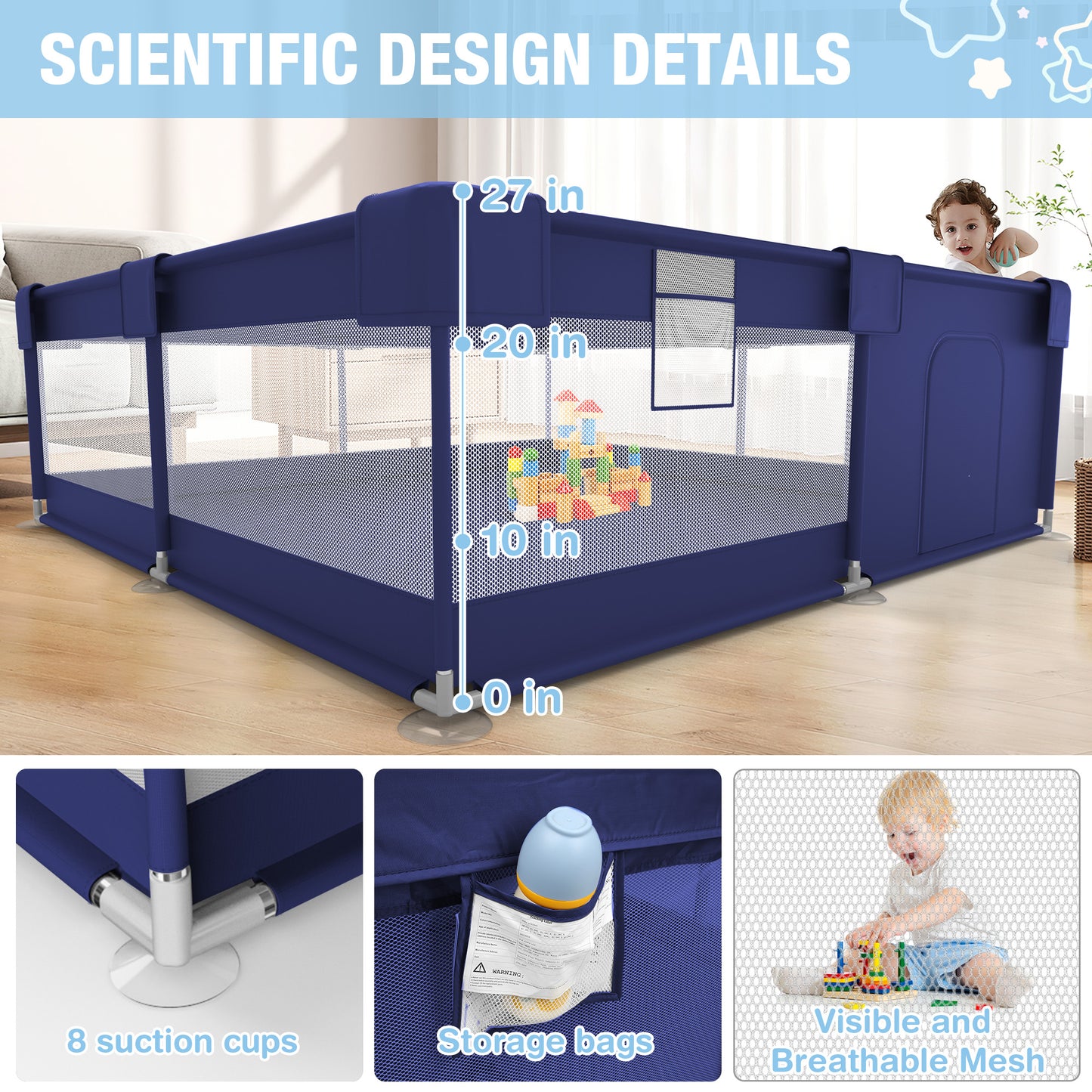 Babyeap Baby Playpen With Mat,50"x50"Play Pen for Babies and Toddlers,Play Yard With Gate for Indoor Outdoor,Navy Blue