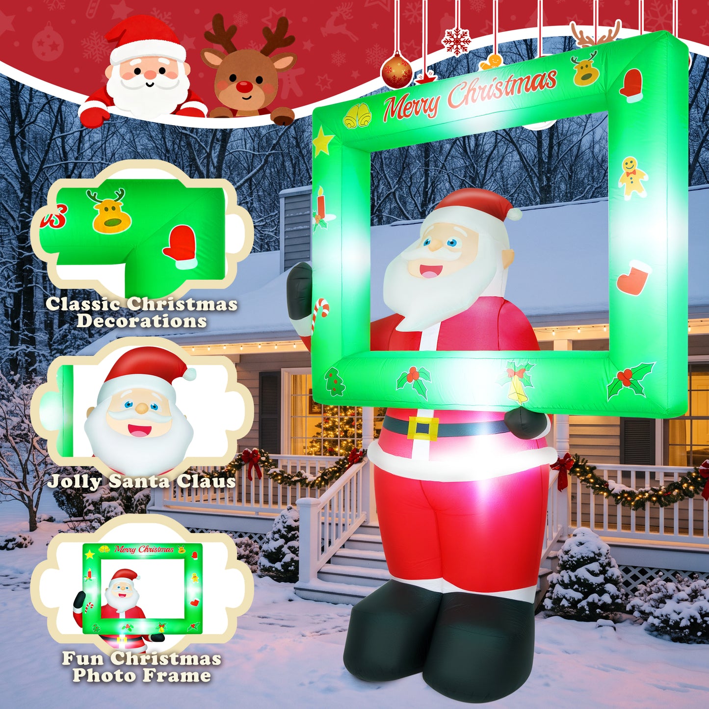 Yexmas 7FT Christmas Inflatable Santa Claus with Photo Frame, Blow Up Santa Claus Xmas Decorations for Outdoor Indoor, Built-in LED Light for Yard Gardern Lawn