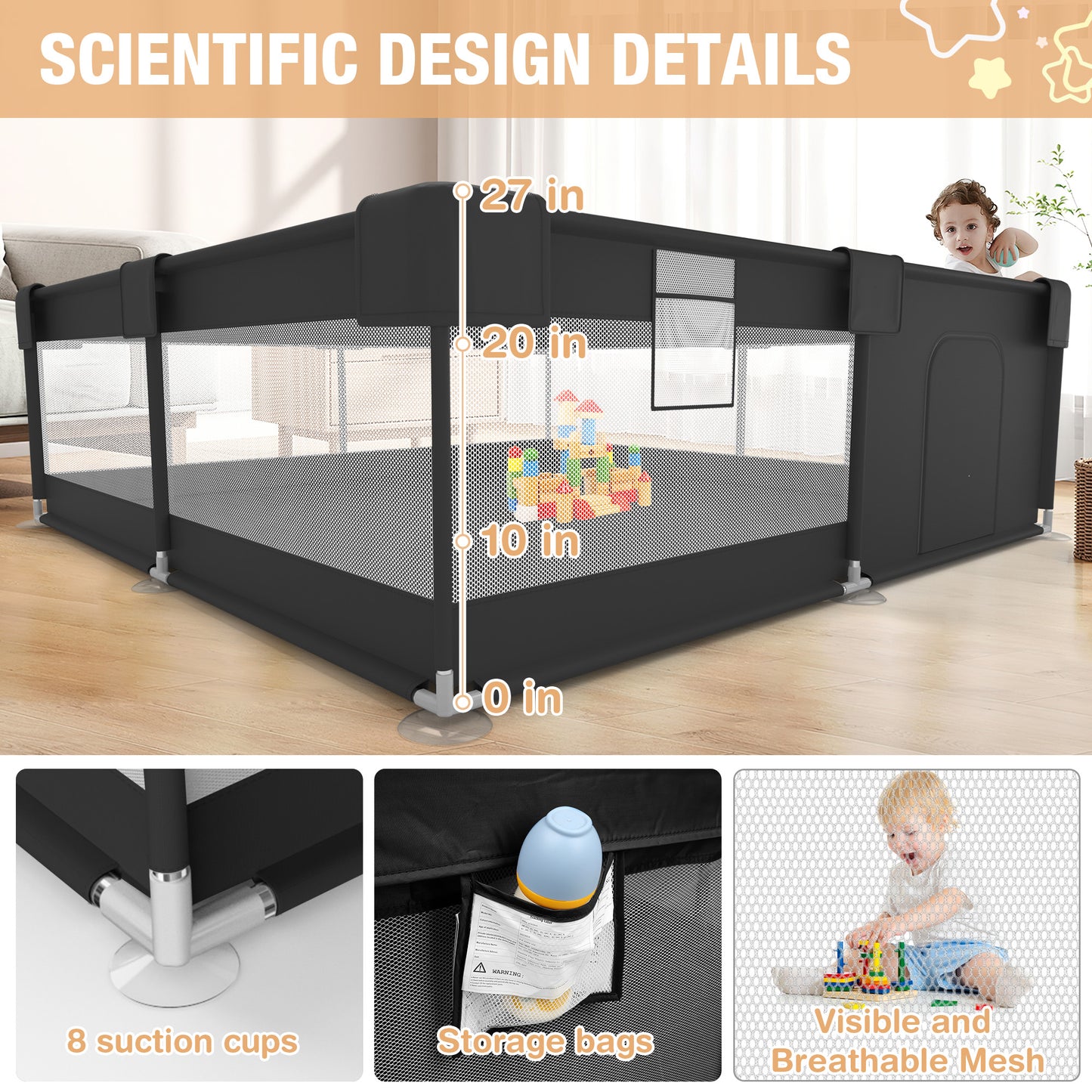 Babyeap Baby Playpen With Mat,50"x50"Play Pen for Babies and Toddlers,Play Yard With Gate for Indoor Outdoor,Black