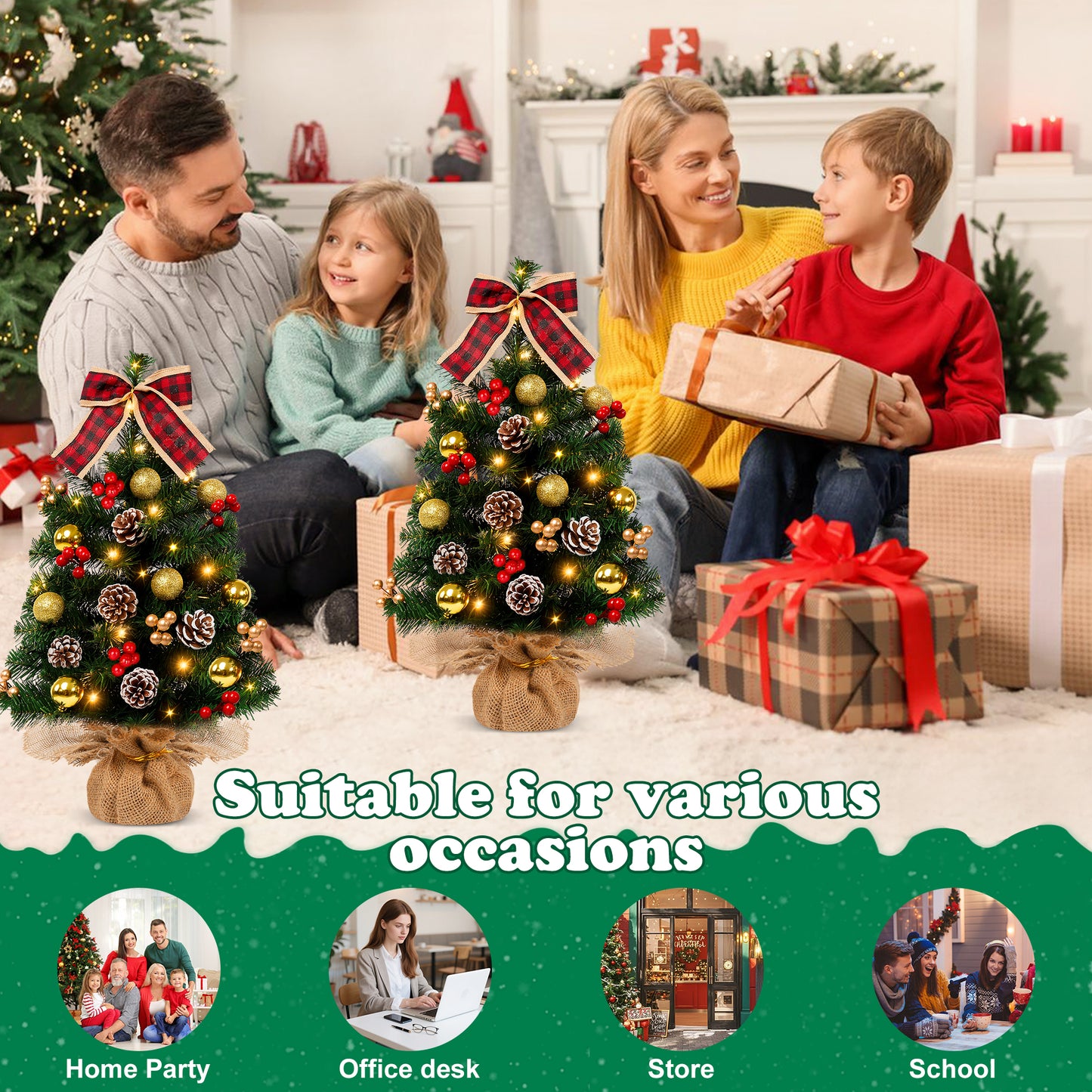 Yexmas 2PCS Pre-lit Artificial Mini Christmas Tree,24 Inch Small Tabletop Xmas Tree for Indoor Outdoor Christmas Decor