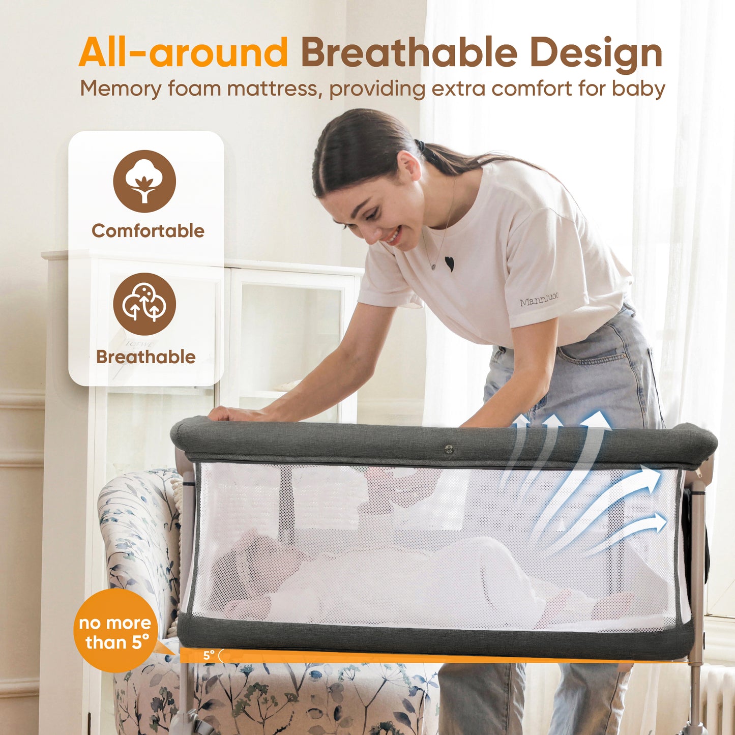 Babyeap 3 in 1 Baby Bassinet,Baby Basinet Bedside Sleeper, Standalone Baby Crib,6 Height Adjustable Portable Crib for Newborn