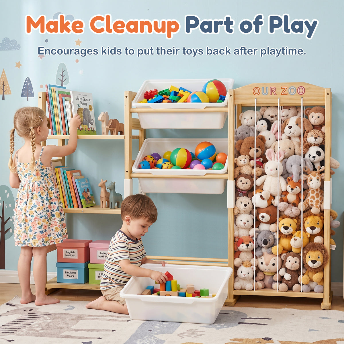 Babyeap 3-in-1 Wooden Toy Storage Organizer, Kids Bookshelf with 3 Removable Bins and Stuffed Animal Storage, Toy Holder for Playroom, Bedroom