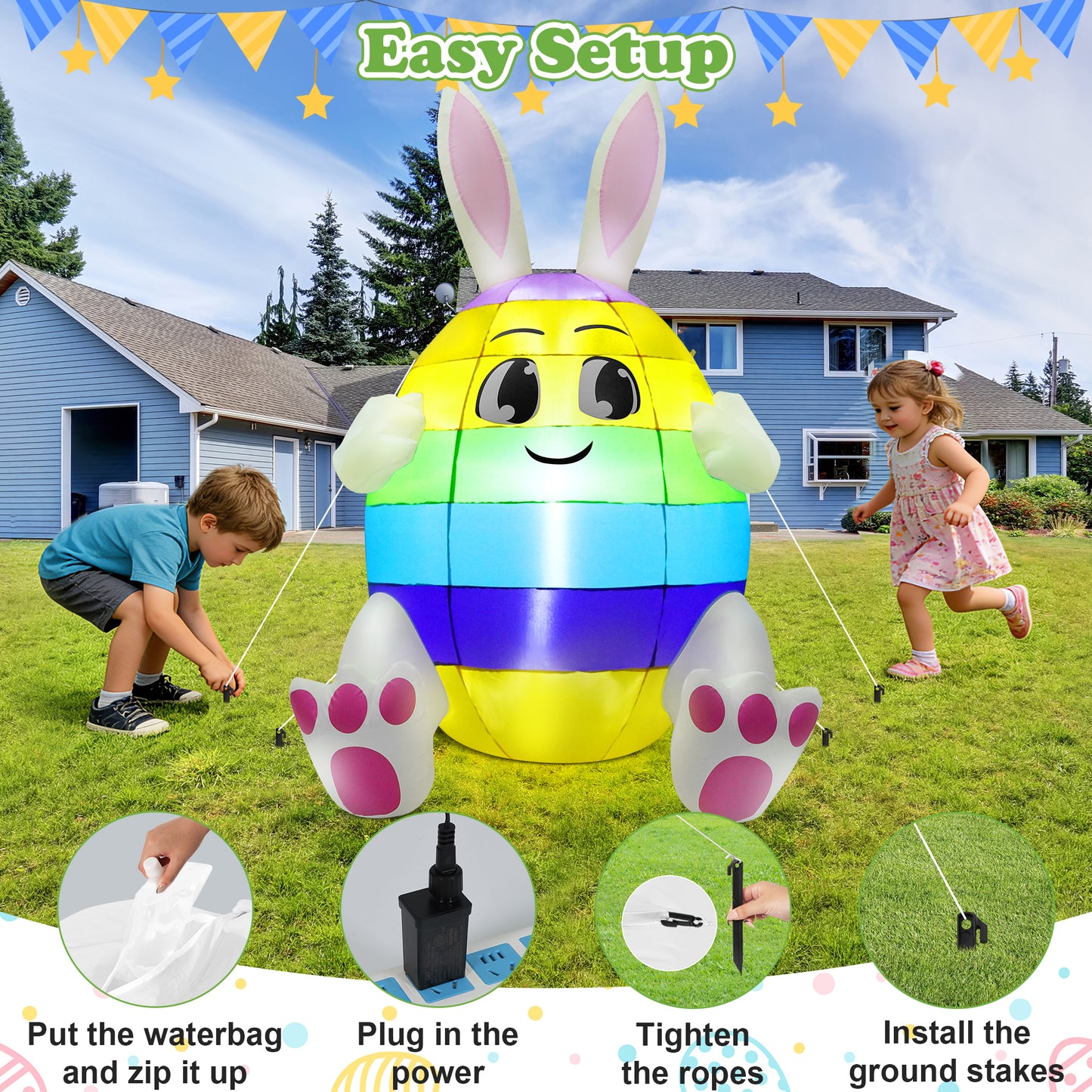 Yexmas 5ft Easter Inflatables, Blow Up Yard Decoration Built in LED Lights Bunny Egg Decorations for Outdoor Home Lawn Garden Holiday Party