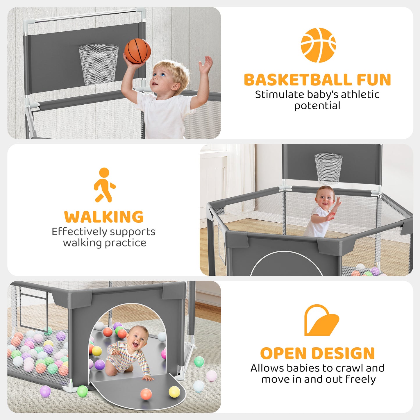 babyeap Baby Playpen with Basketball Hoop,Playpen for Babies and Toddlers,Hexagonal Fence Baby Play Yards,Dark Gray
