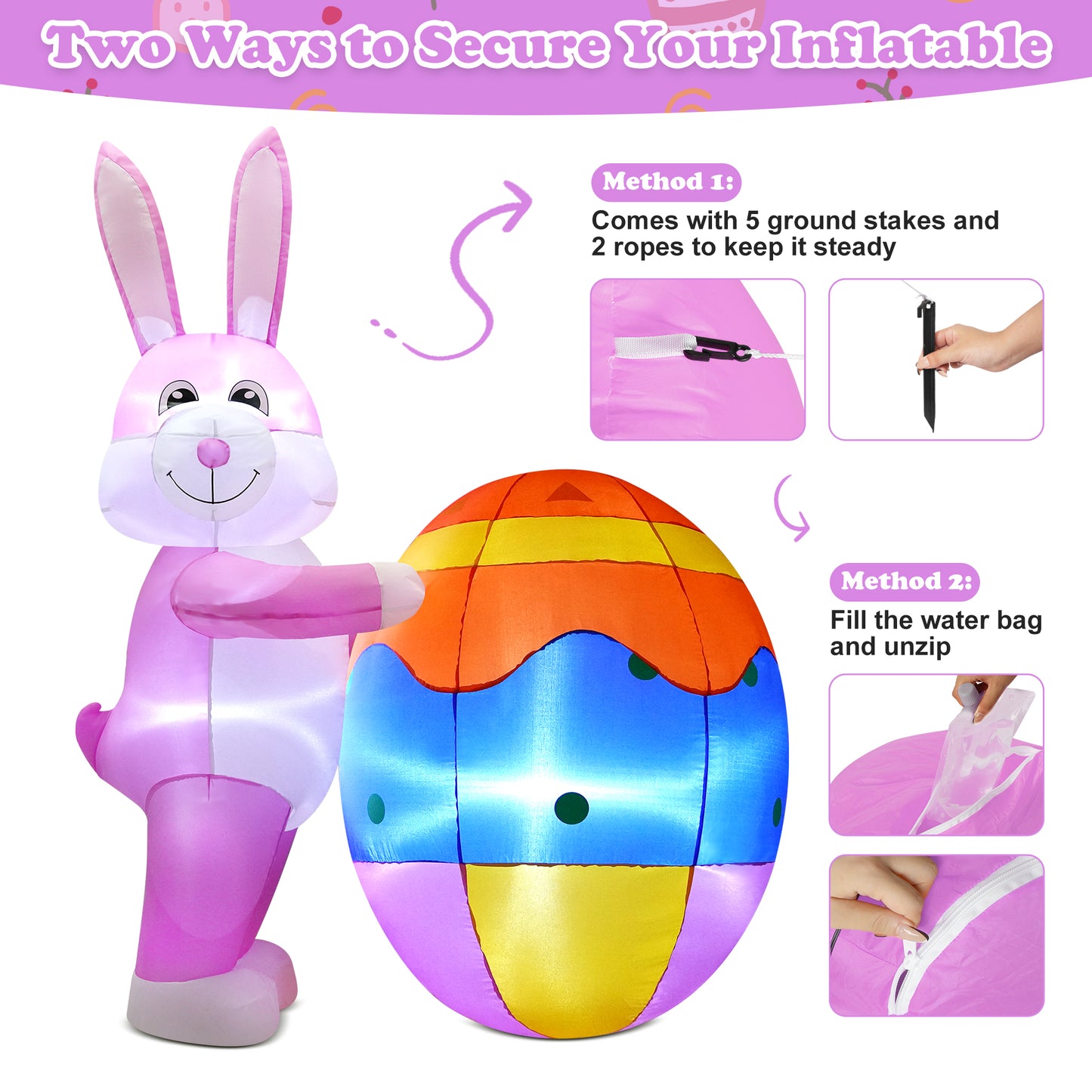 Yexmas 6ft Easter Inflatables,Blow Up Yard Outdoor Decoration with LED Lights Bunny Decorations with Egg for Lawn Garden Holiday Party
