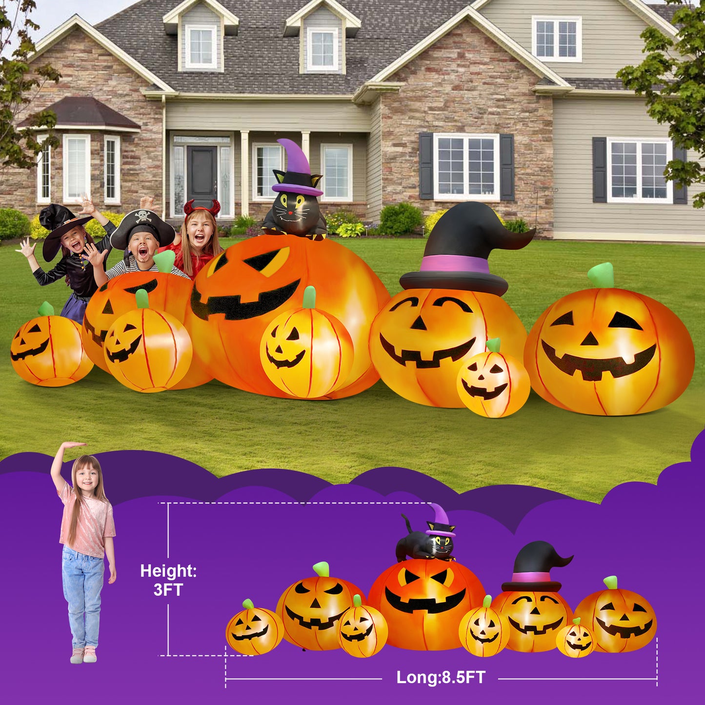 Yexmas 8.5FT Long Halloween Inflatables Pumpkin,8 Pumpkins Halloween Blow Ups with Black Cat & Witches Hat for Halloween Party Outdoor Yard Garden Lawn Decor