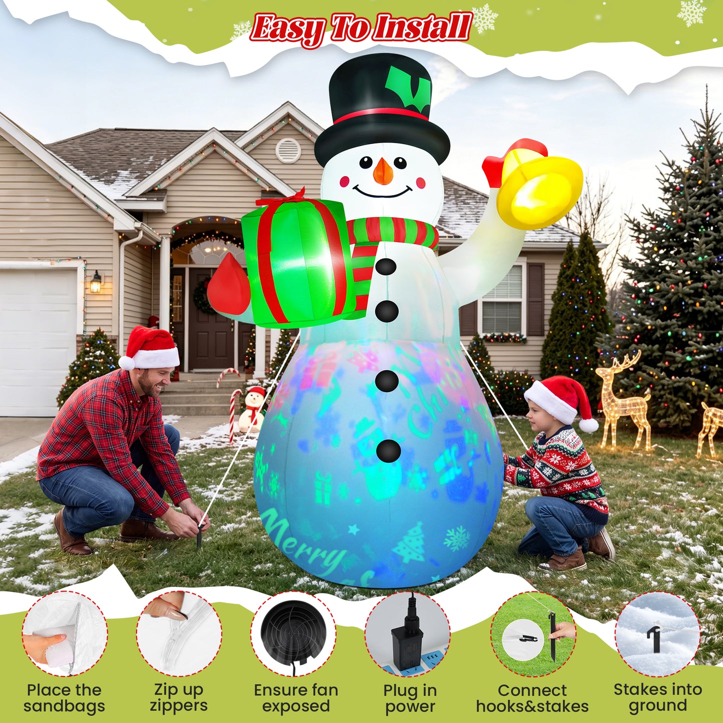 Yexmas 6.3FT Christmas Inflatable Snowman Blow Up Yard Decor with Gift Box and Bell, 360° Colorful Projection, Music On/Off Function, Built-in LED Lights, Outdoor Holiday Yard Decor