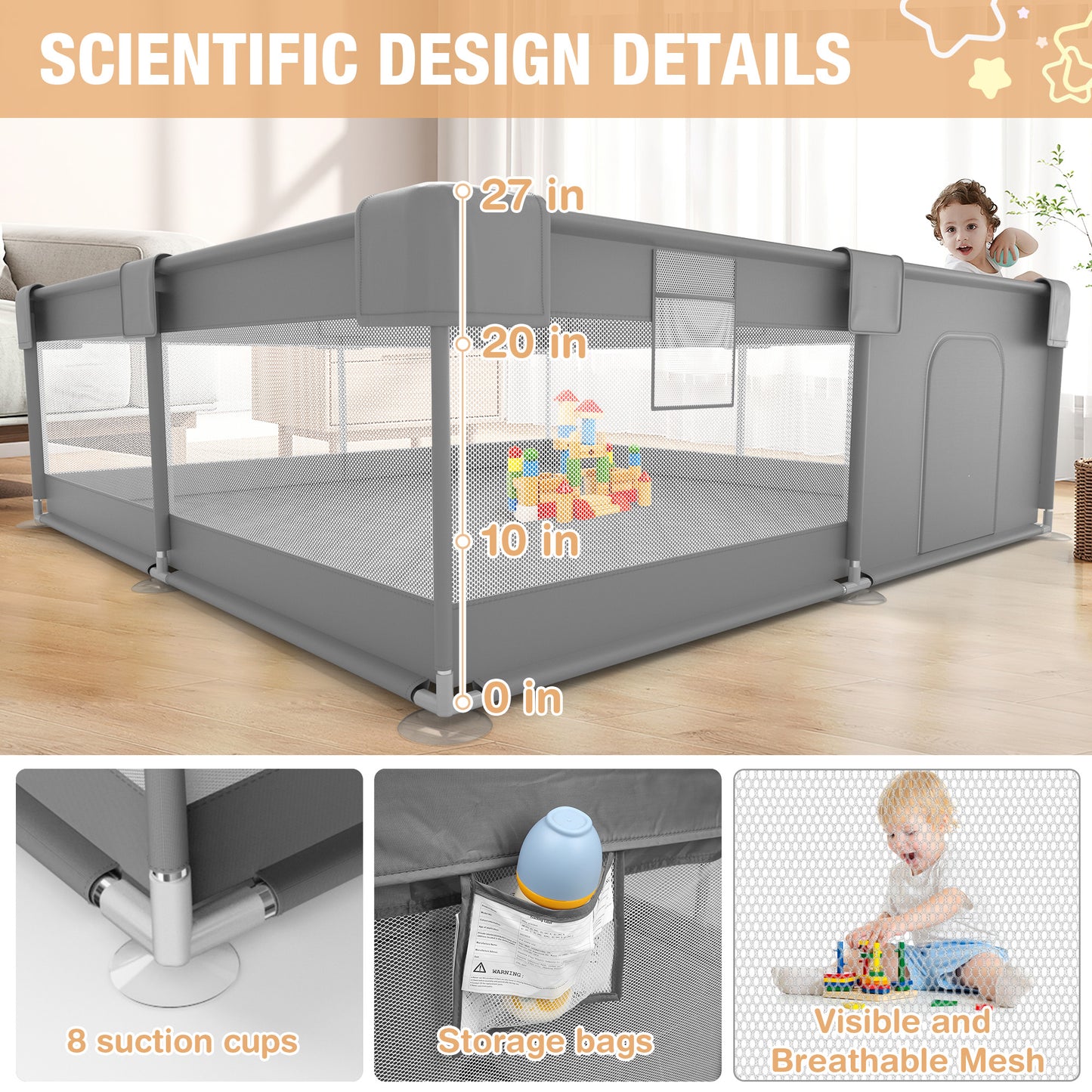 Babyeap Baby Playpen With Mat,50"x50"Play Pen for Babies and Toddlers,Play Yard With Gate for Indoor Outdoor,Dark Gray
