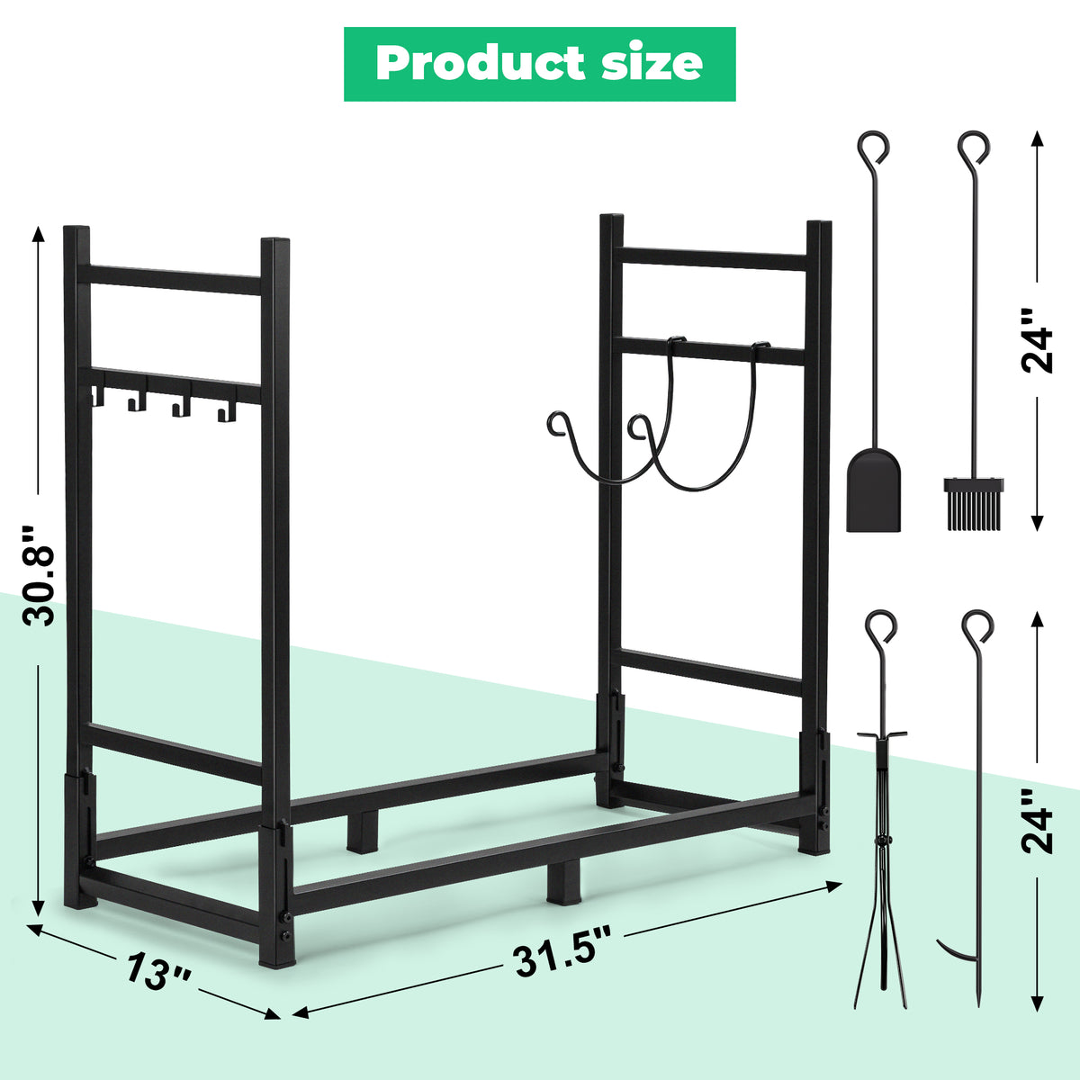 Yexmas Foldable Firewood Rack with 5-Piece Fireplace Tool Set & Kindling Holder, Indoor/Outdoor Wood Storage Organizer for Fireplace & Fire Pit
