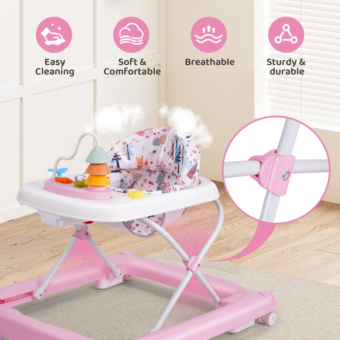 Babyeap Baby Walker,Foldable Baby Activity Walker with Wheels,Toddler Activity Centers,Removable Toys,Ages 6 Months +,Pink