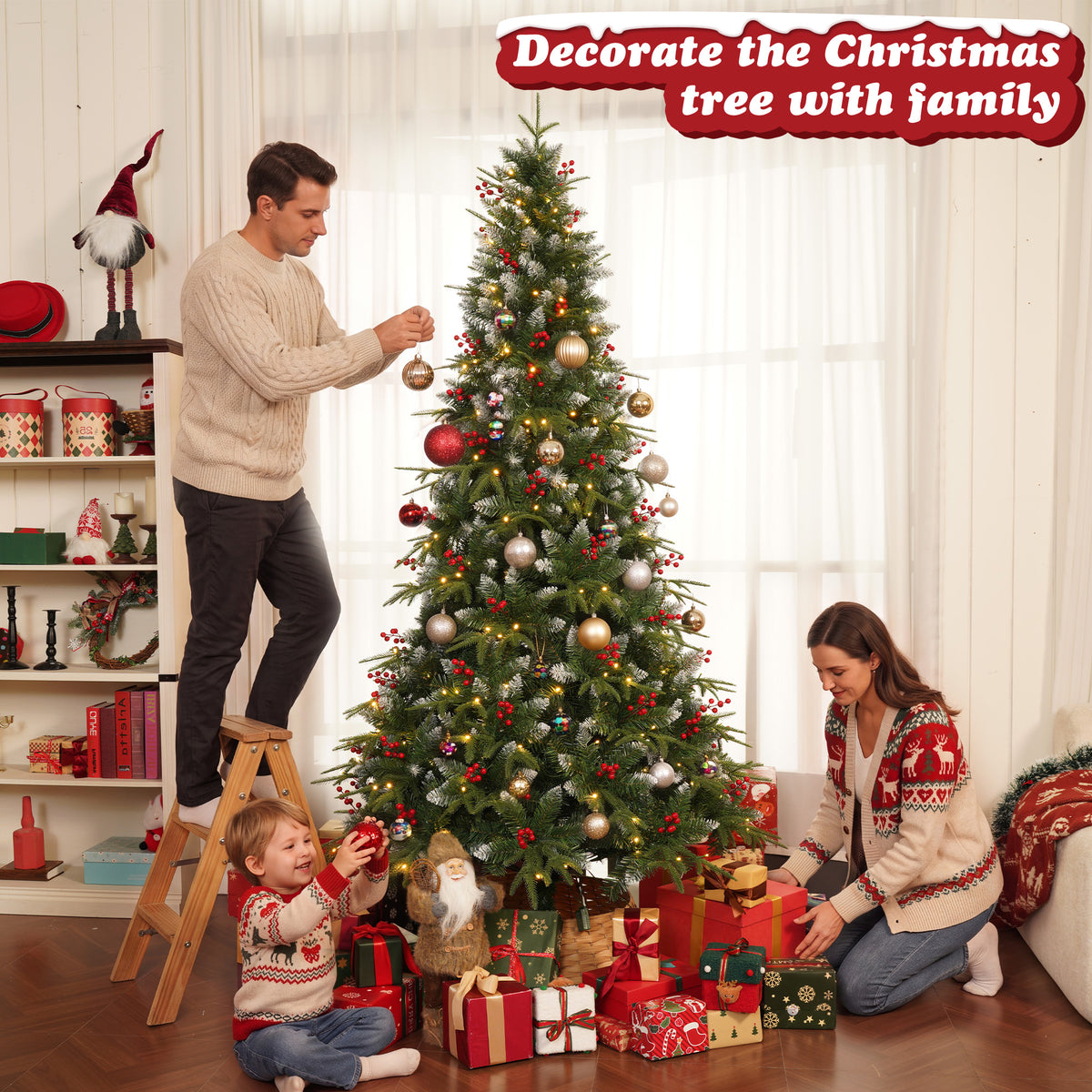 Yexmas 9ft Pre-Lit Artificial Christmas Trees,Green Xmas Tree with Large Christmas Tree Storage Bag, Berries, Realistic Artificial Christmas Trees for Home, Office, Party Decoration