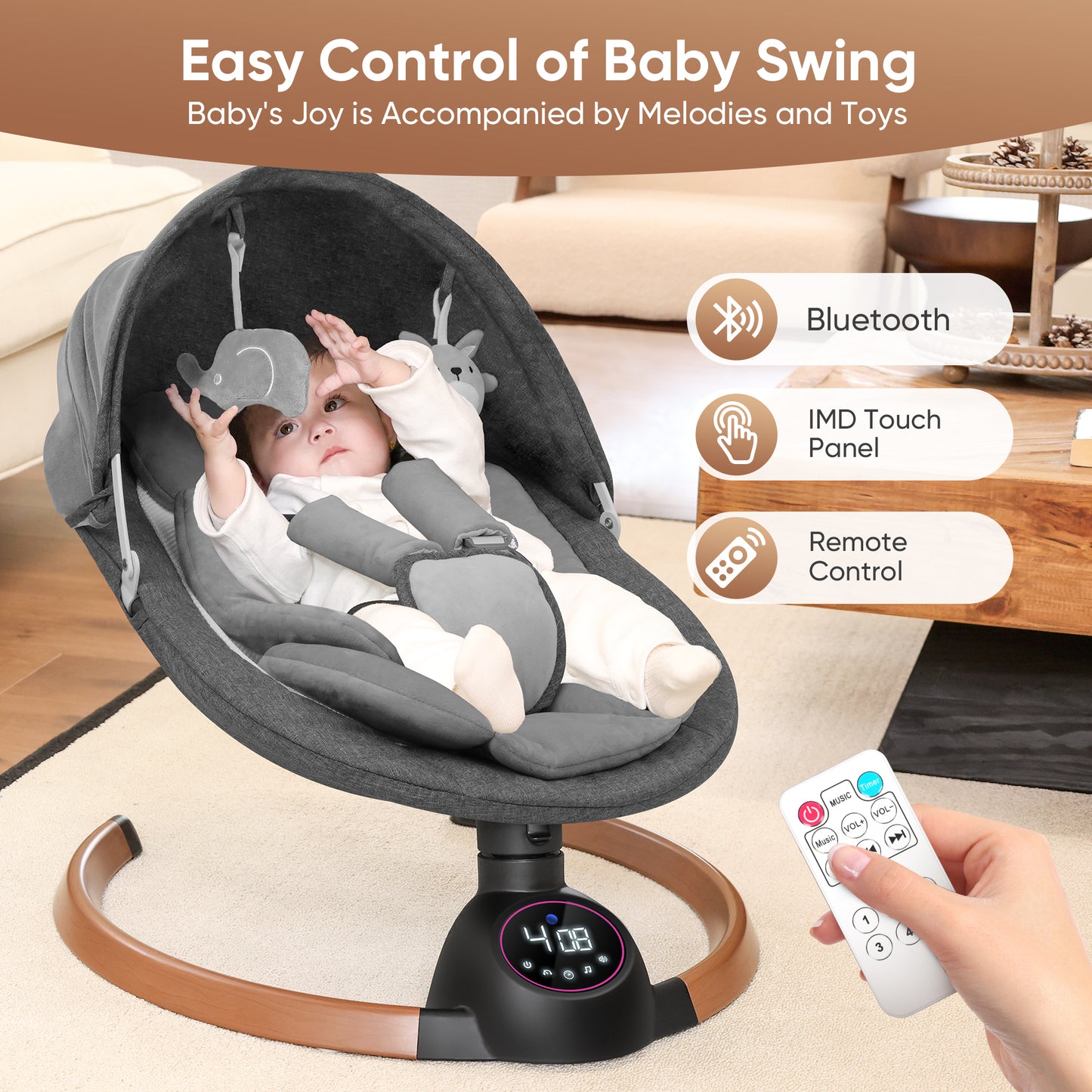 Babyeap Baby Swing for Infants,Bluetooth Control 5-point Harness Newborn Swing,5 Sway Speed,10 Lullabies(Gray)