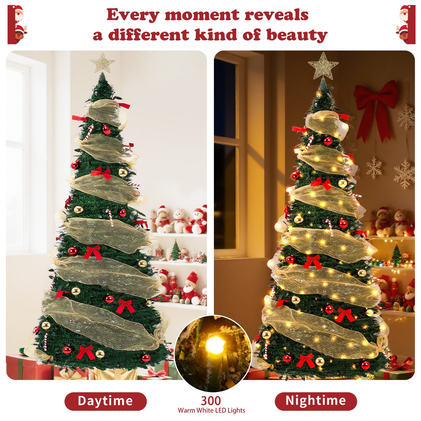 Yexmas 6FT Pop-Up Artificial Christmas Tree with 300LED Lights,Green Prelit Christmas Tree with Foldable Base