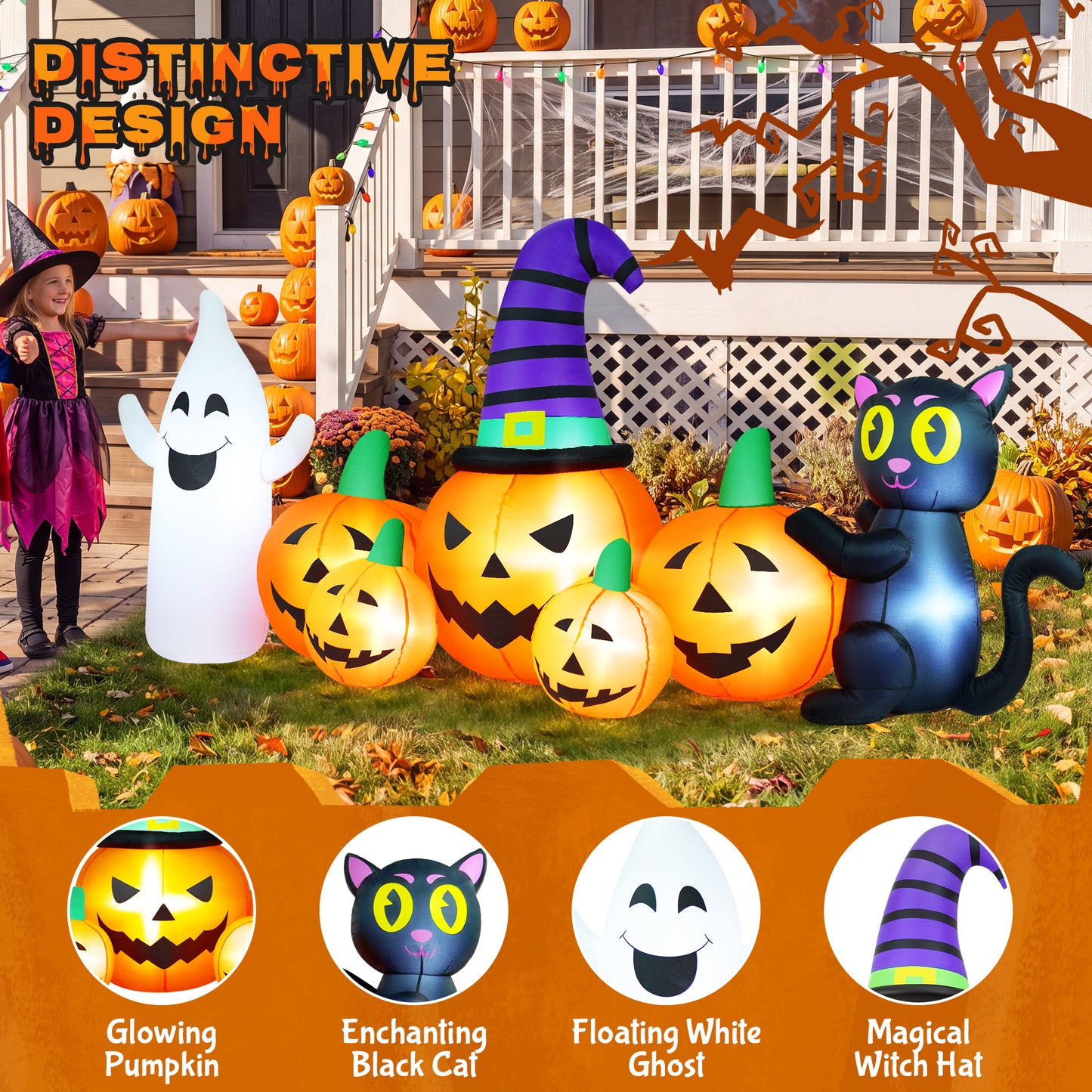 Yexmas 8FT Long Halloween Inflatable Pumpkin with Ghost and Black Cat,Outdoor Halloween Decoration with LED Lights for Yard Lawn Garden Porch Party Decor