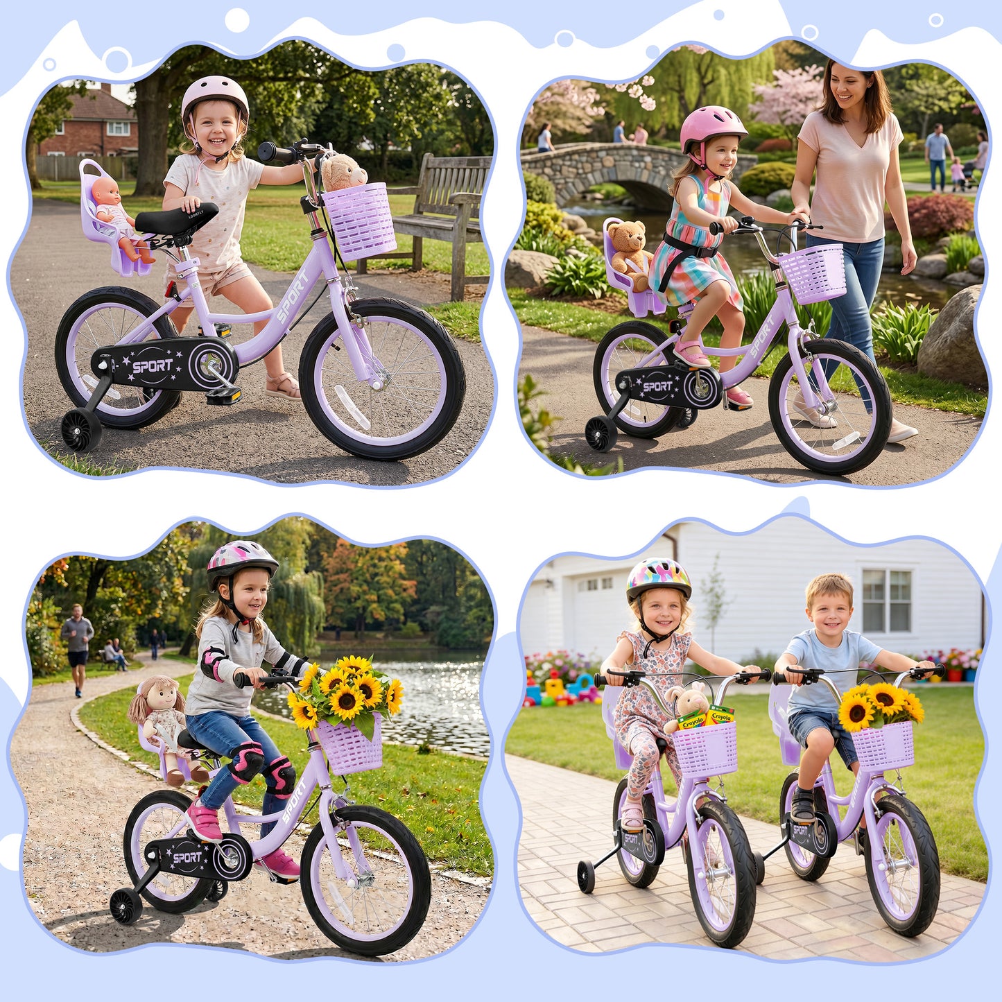 Enjoyrun 16" Kids Bike,Girls Bike with Training Wheels,Basket and Doll Seat,Bicycle for Children Ages 5-8,Purple
