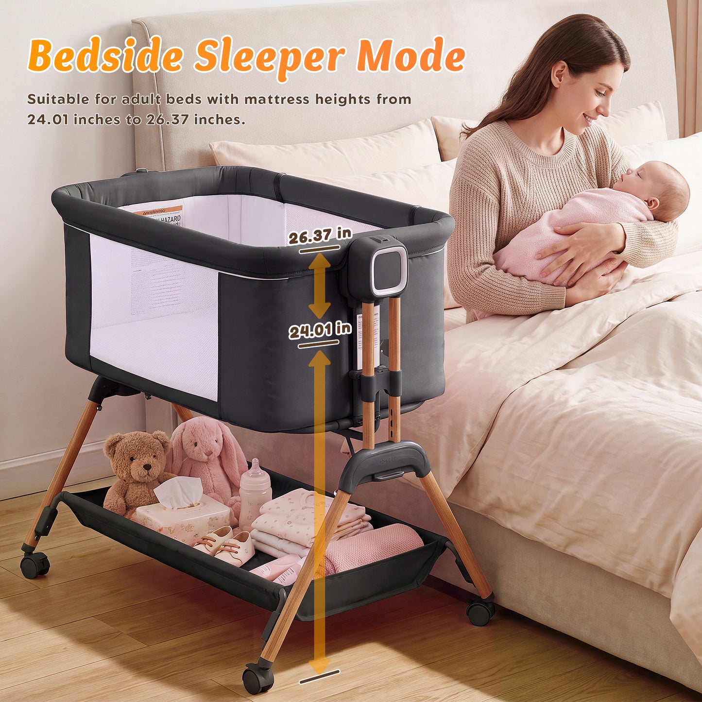 Babyeap 3-in-1 Baby Bassinet, Adjustable Bedside Sleeper with Gentle Rocking Motion, Storage Basket and Wheels for Infants, Gray