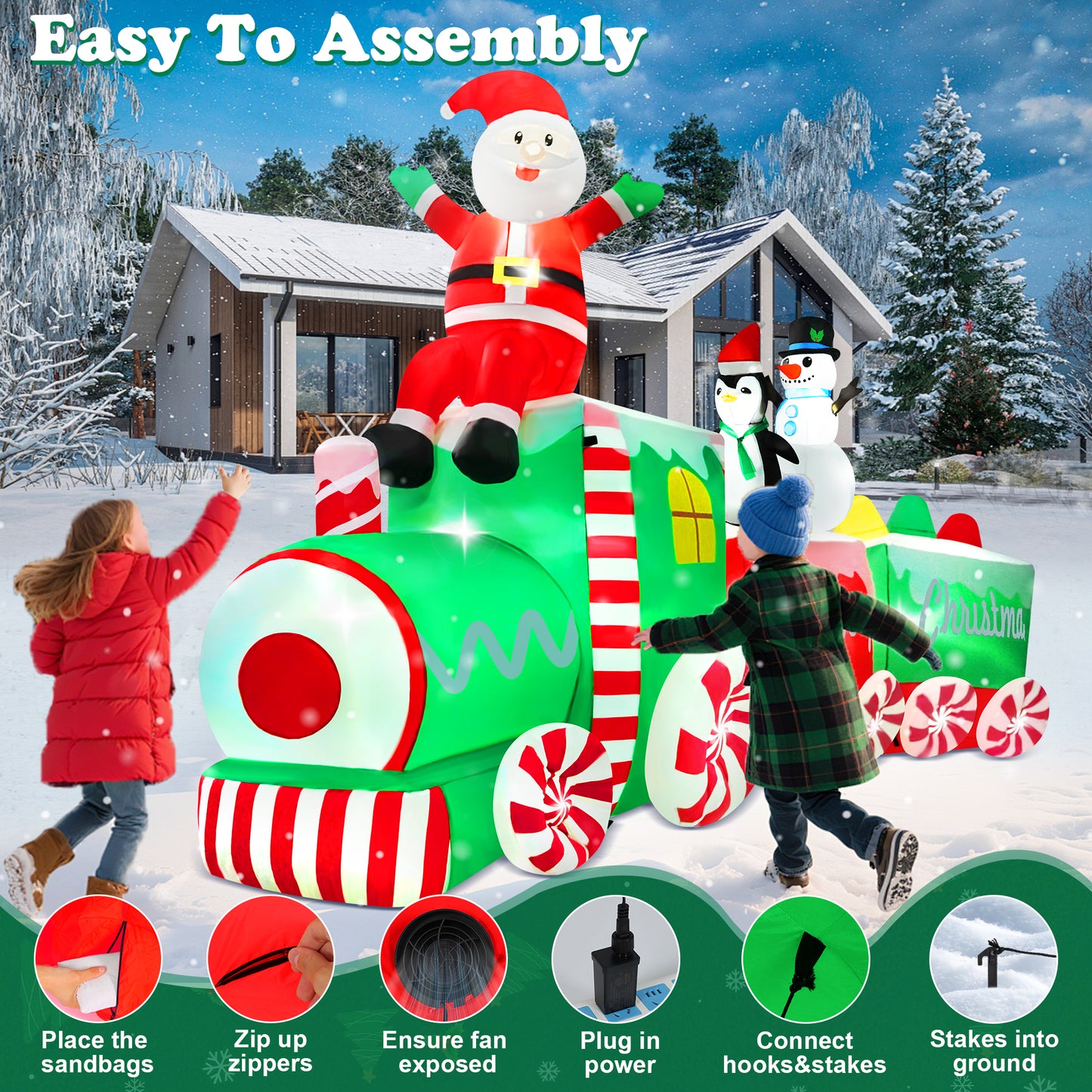 Yexmas 10.5ft Christmas Inflatable Train with Santa Snowman Penguin Dinosaur Corner Outdoor Lights Decorations for Holiday Decorations, Christmas Parties, Yard, Garden and Lawn
