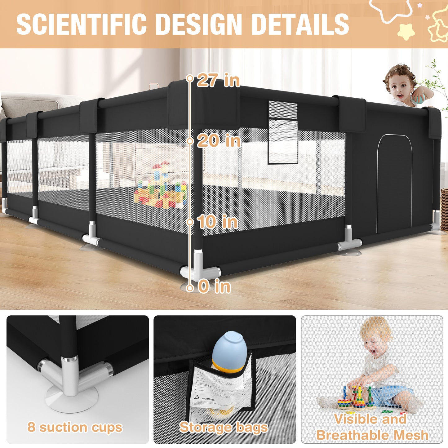 Babyeap Large Baby Playpen with Mat,71"x50"Playpen for Babies and Toddlers,Baby Play Yard Baby Fence Play Area Indoor Outdoor,Black