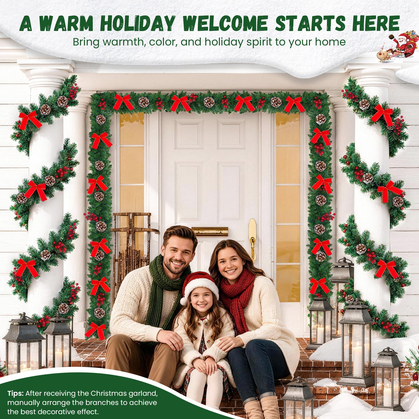 Yexmas 9FT Pre-Lit Christmas Garland with LED Lights, Decorated with Bows, Pinecones and Berry Clusters, Battery Operated Xmas Garland for Mantel, Stair, Door