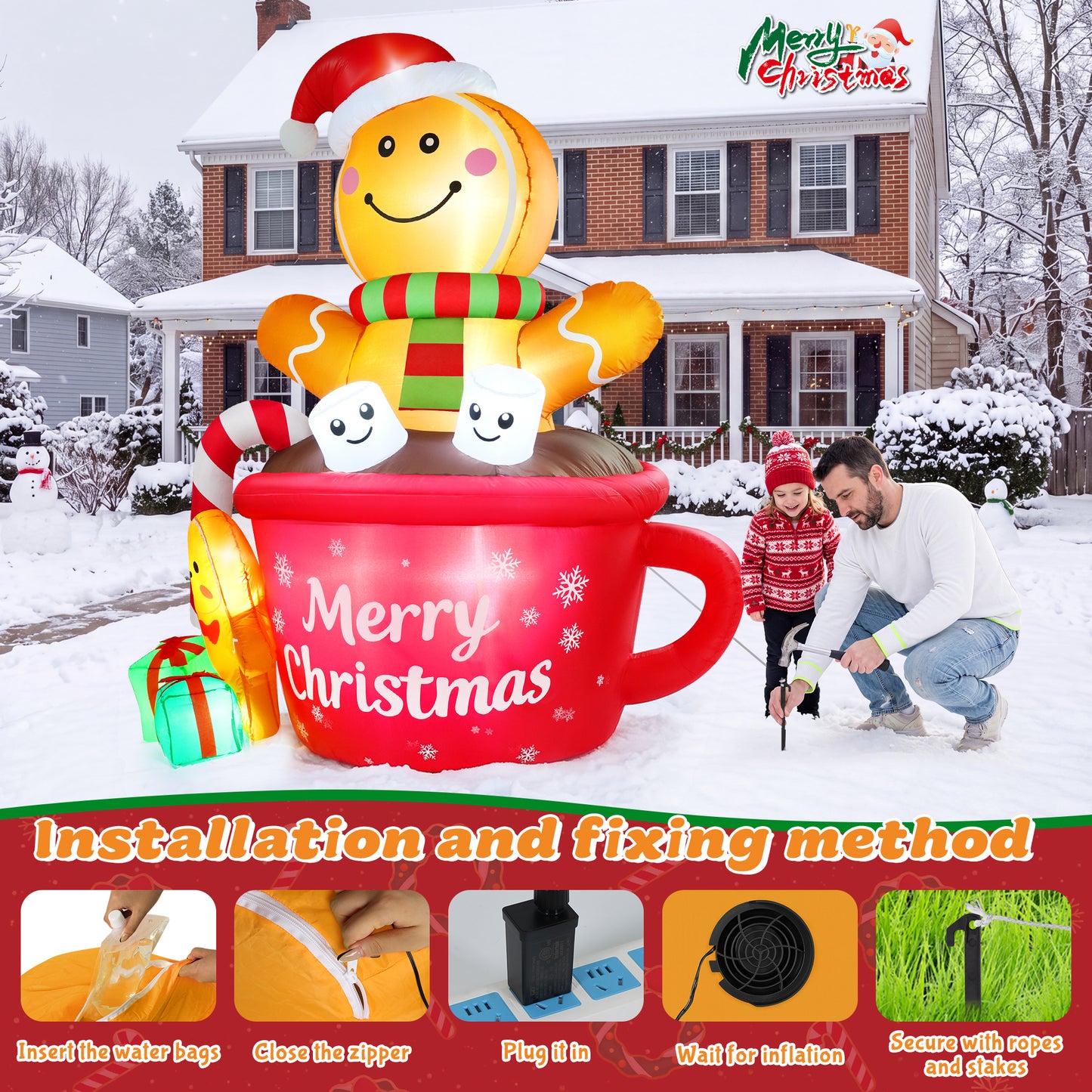 Yexmas 6FT Christmas Inflatable Gingerbread Man in Hot Cocoa Mug Blow Up Decor with LED Lights, Candy Cane, Marshmallows and Gift Box,  for Yard, Lawn,Garden