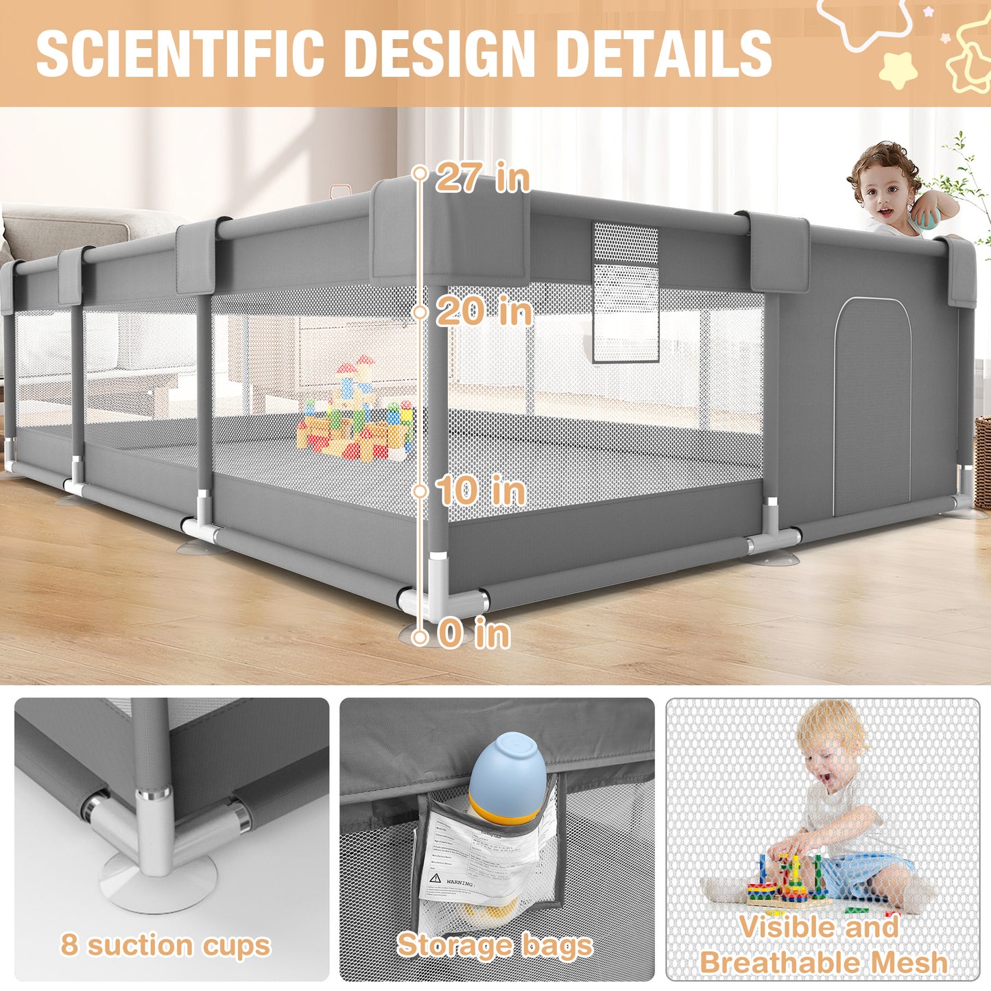 Babyeap Large Baby Playpen with Mat,71"x50"Playpen for Babies and Toddlers,Baby Play Yard Baby Fence Play Area Indoor Outdoor,Dark Gray