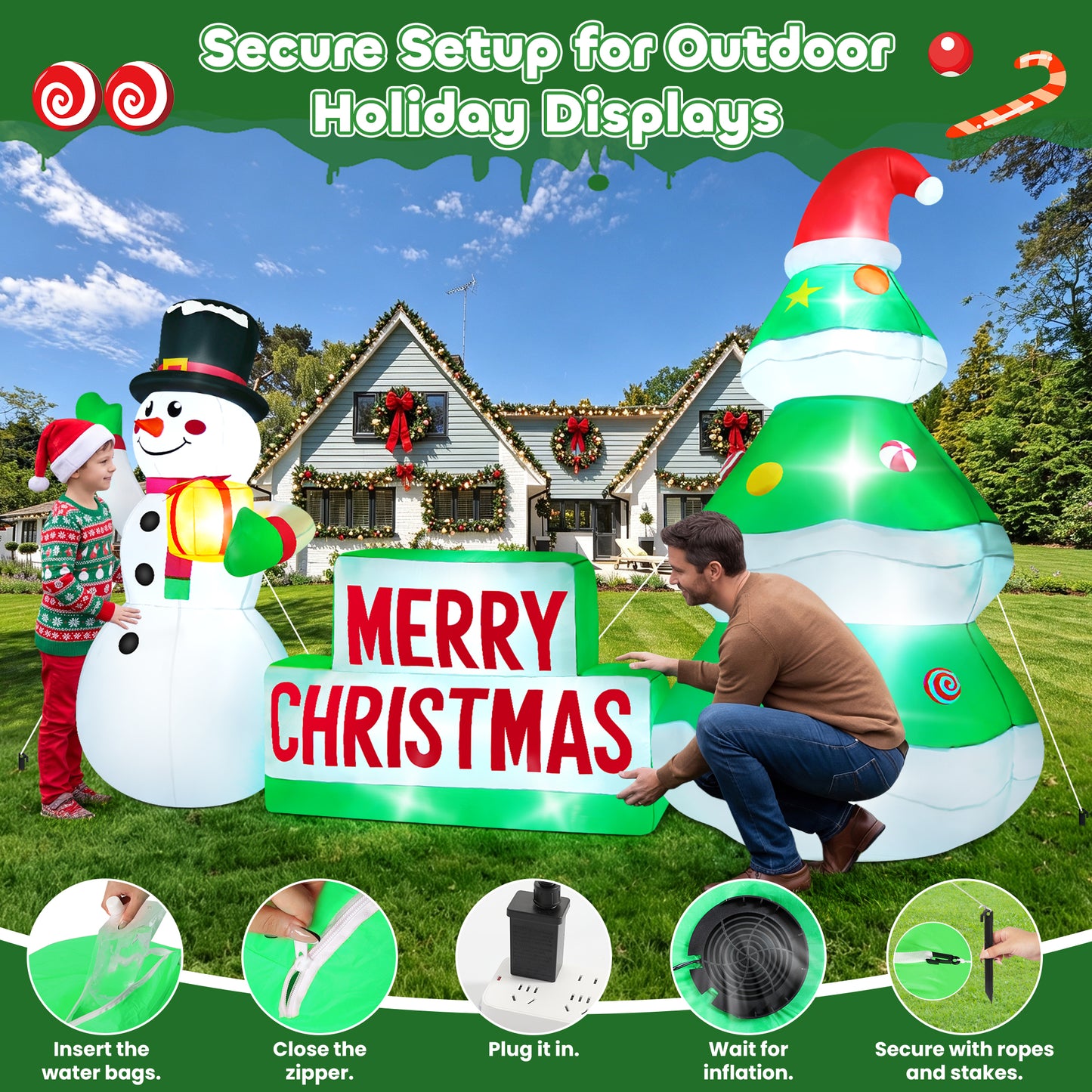 Yexmas 9FT Christmas Inflatable Snowman with Tree, Blow Up Outdoor Yard Decoration with Built-in LED Light for Yard Gardern Lawn