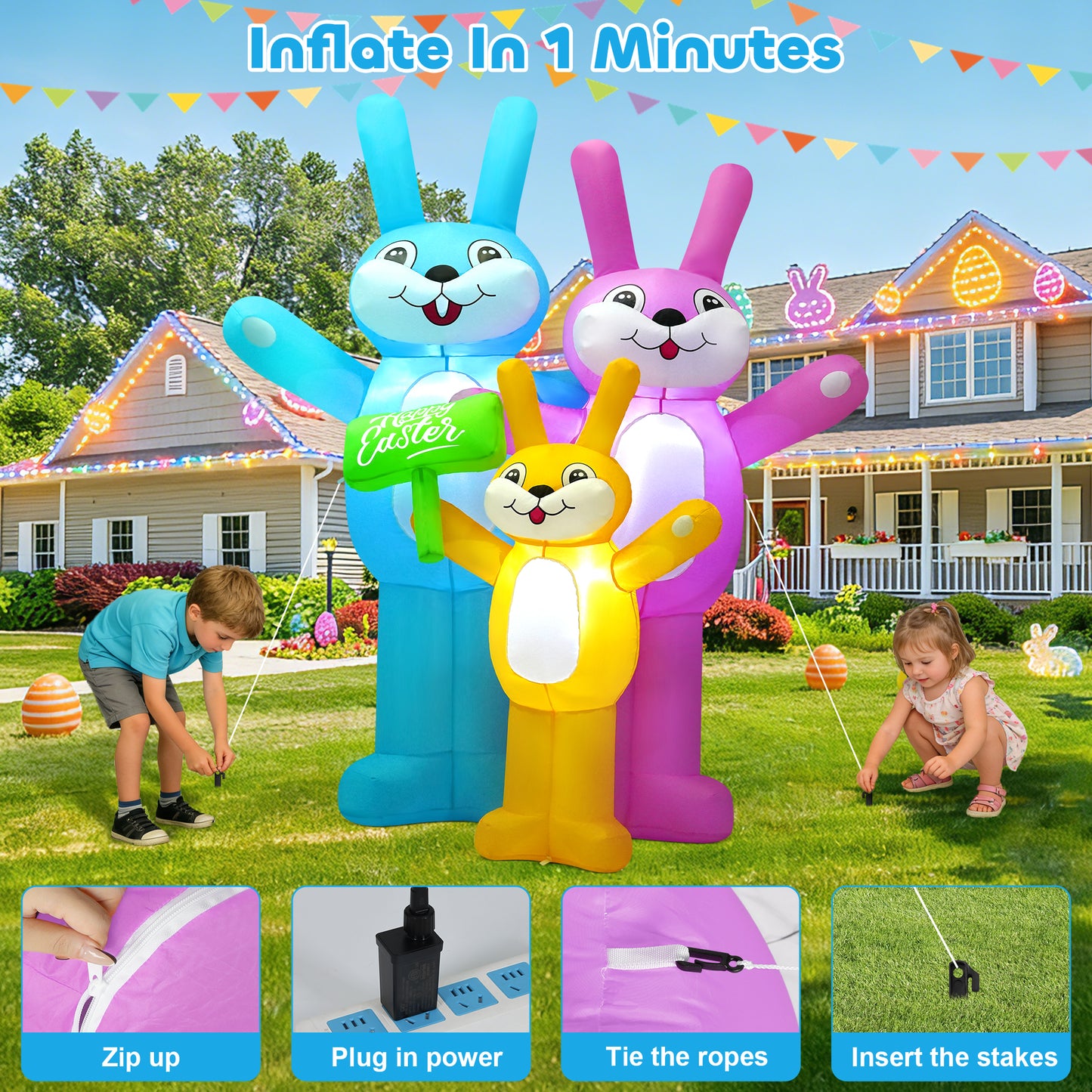 Yexmas 6FT Easter Inflatable Bunny Outdoor Decorations,Colorful Blow-Up Rabbit Family with Built-in LED Lights,Easter Decor for Yard Garden Lawn