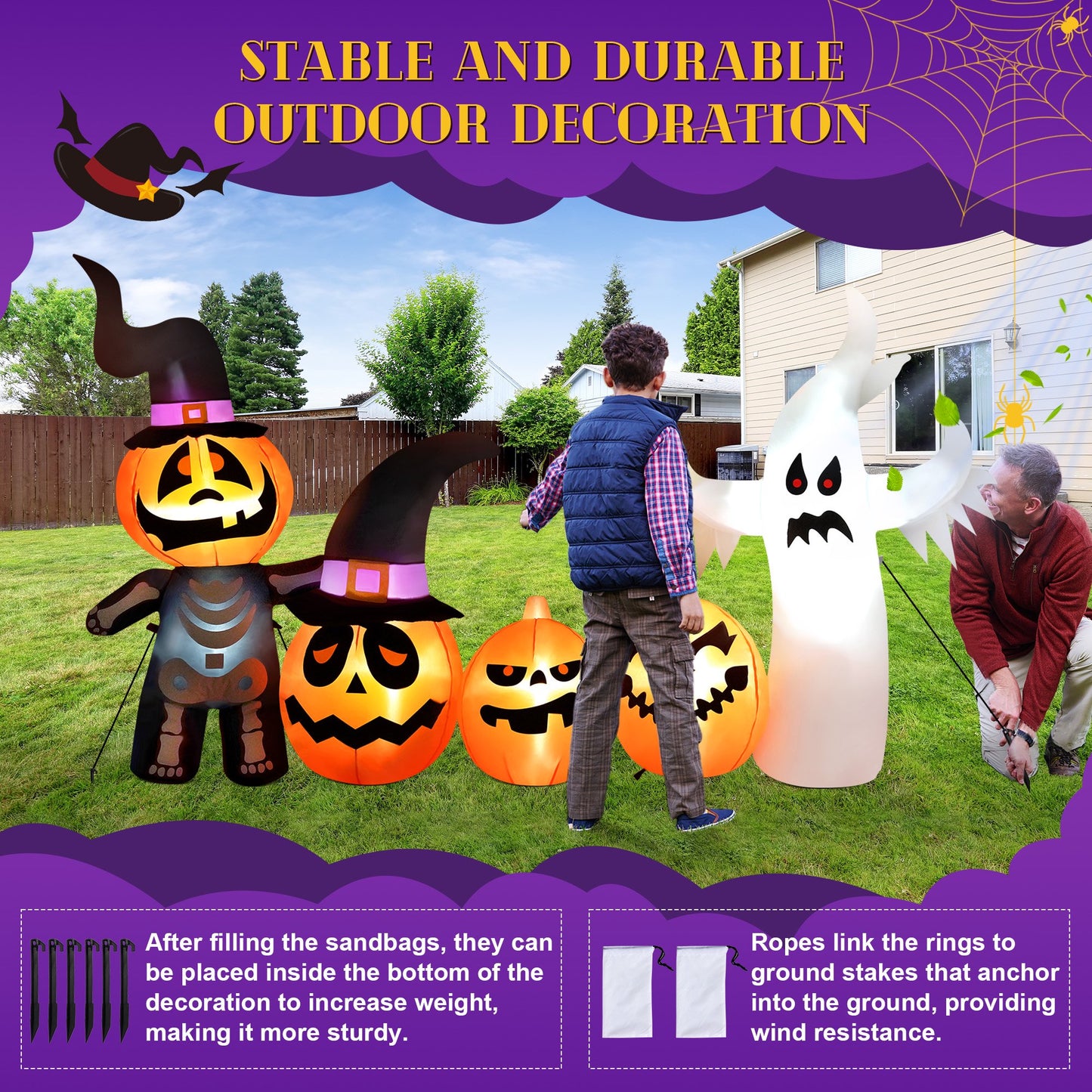Yexmas Halloween Inflatables, 9 FT Long 4 Pumpkins with Cute White Ghost Outdoor Decorations, Built-in LEDs, Blow Up Party, Waterproof Yard, Garden, Lawn Decor